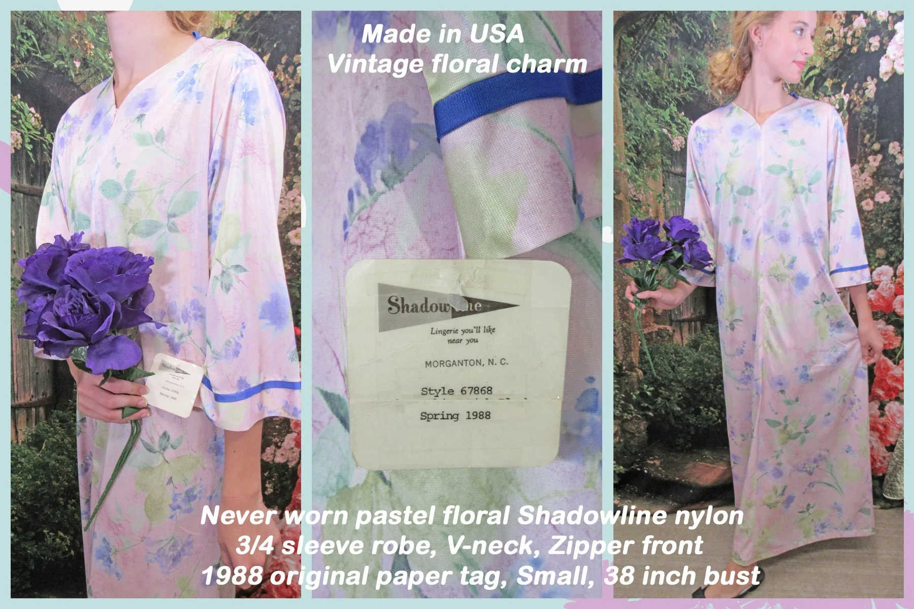 V-Neck Robe Zipper Front Shadowline Pink Nylon Sleeve 1988 Original A-Line Floral Print Vintage by Shadowline - Image 5