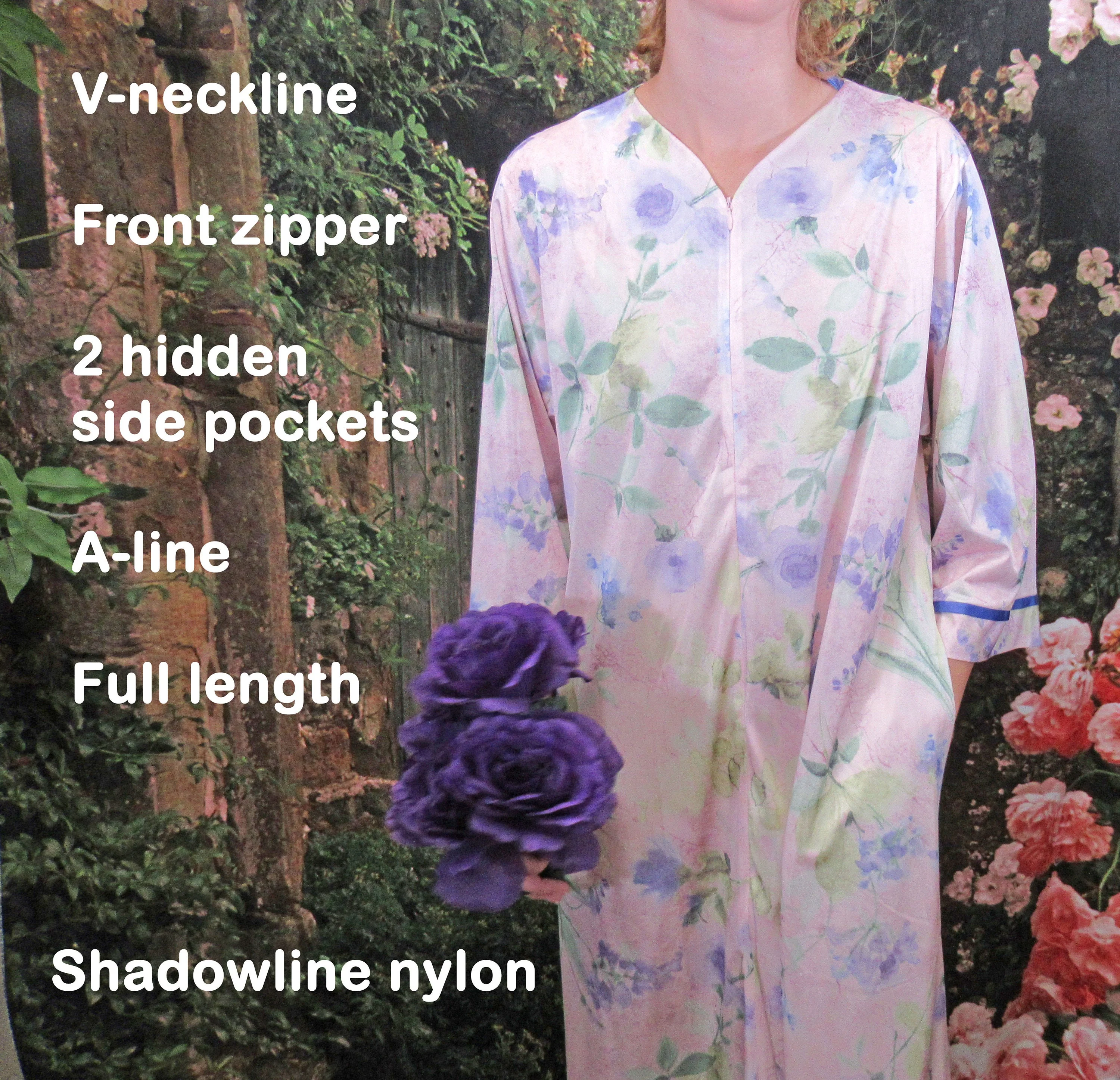 V-Neck Robe Zipper Front Shadowline Pink Nylon Sleeve 1988 Original A-Line Floral Print Vintage by Shadowline - Image 7