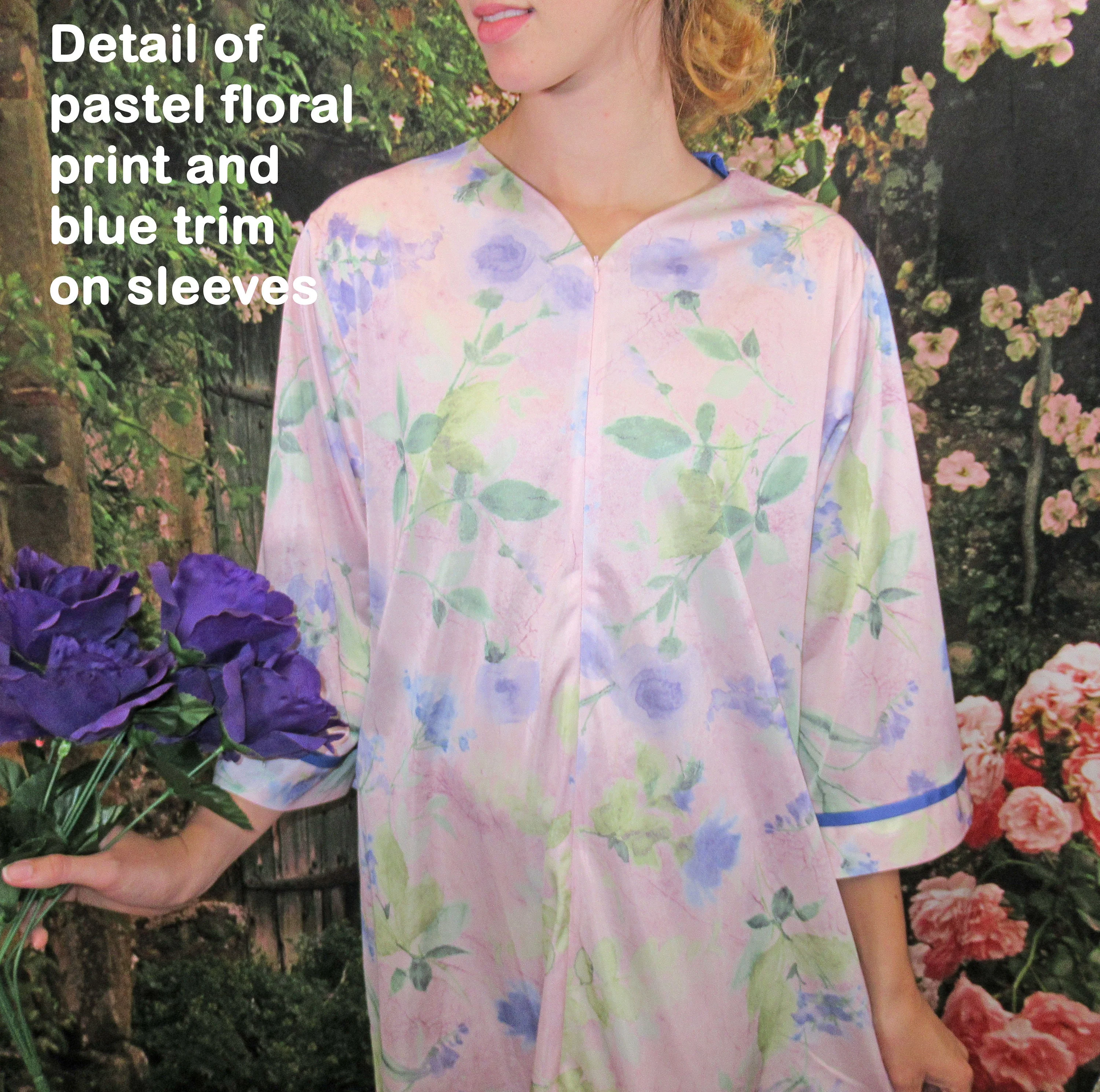 V-Neck Robe Zipper Front Shadowline Pink Nylon Sleeve 1988 Original A-Line Floral Print Vintage by Shadowline - Image 8