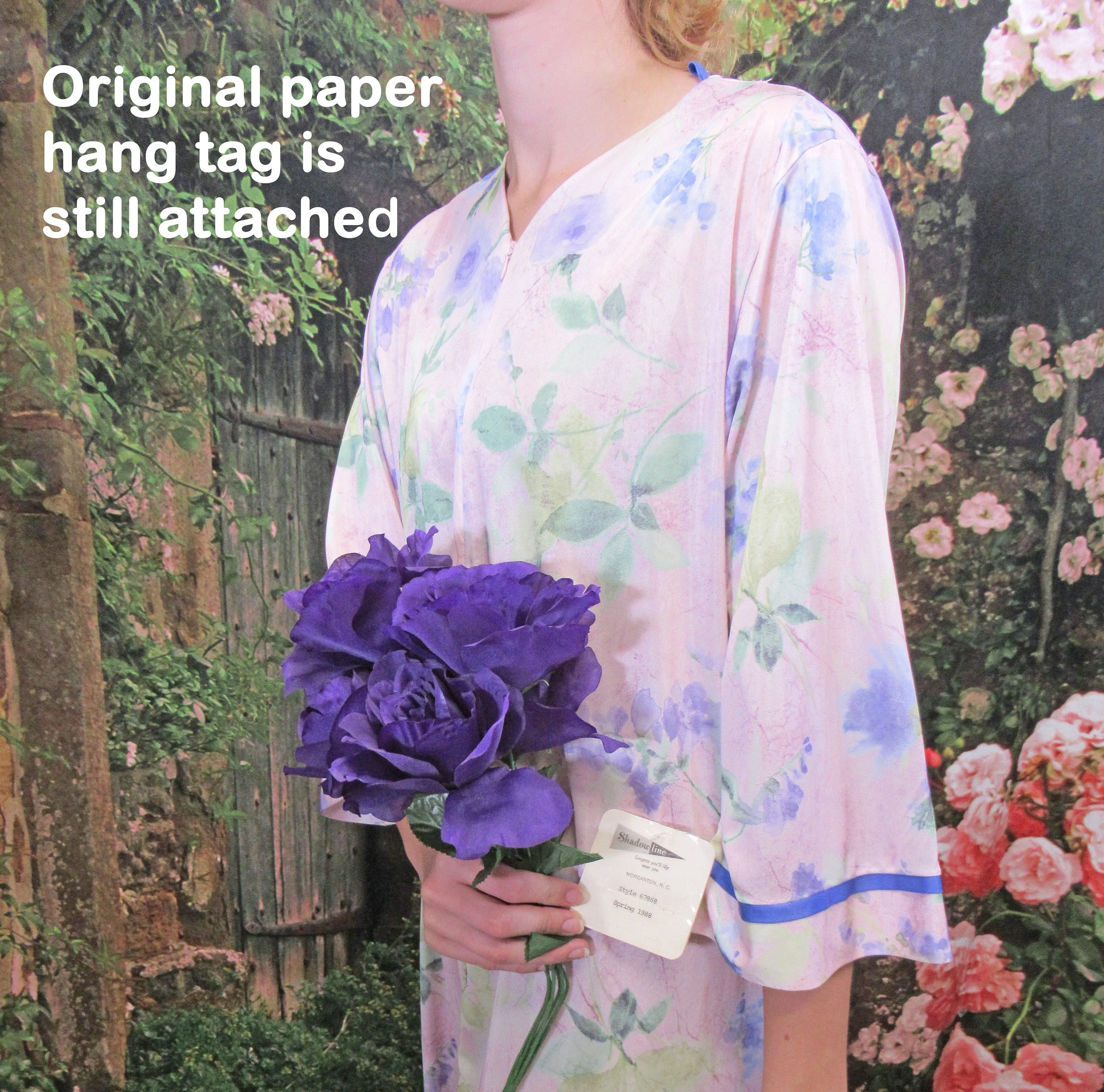 V-Neck Robe Zipper Front Shadowline Pink Nylon Sleeve 1988 Original A-Line Floral Print Vintage by Shadowline - Image 9