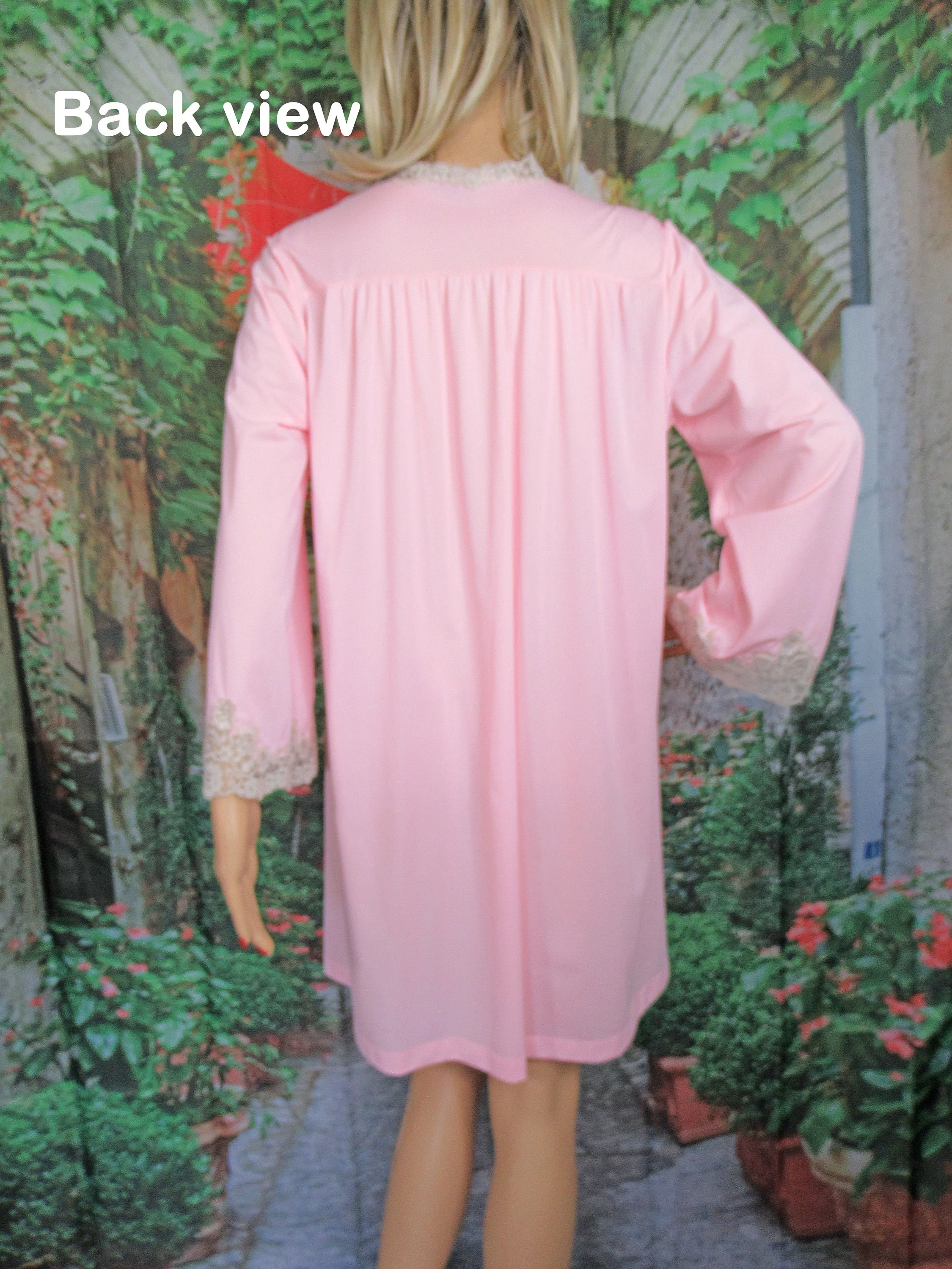 Van Raalte Robe Pink Nylon Beige Lace Trim Medium Top Self Tie Knee Length Button Front by Van Raalte - Image 10