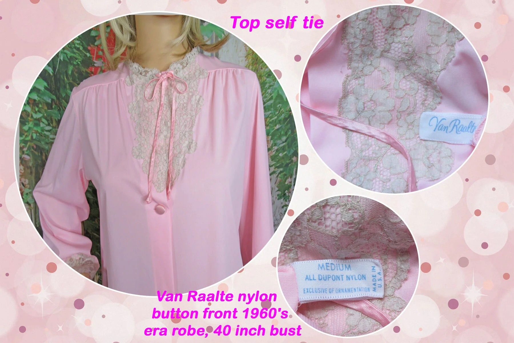 Van Raalte Robe Pink Nylon Beige Lace Trim Medium Top Self Tie Knee Length Button Front by Van Raalte - Image 2