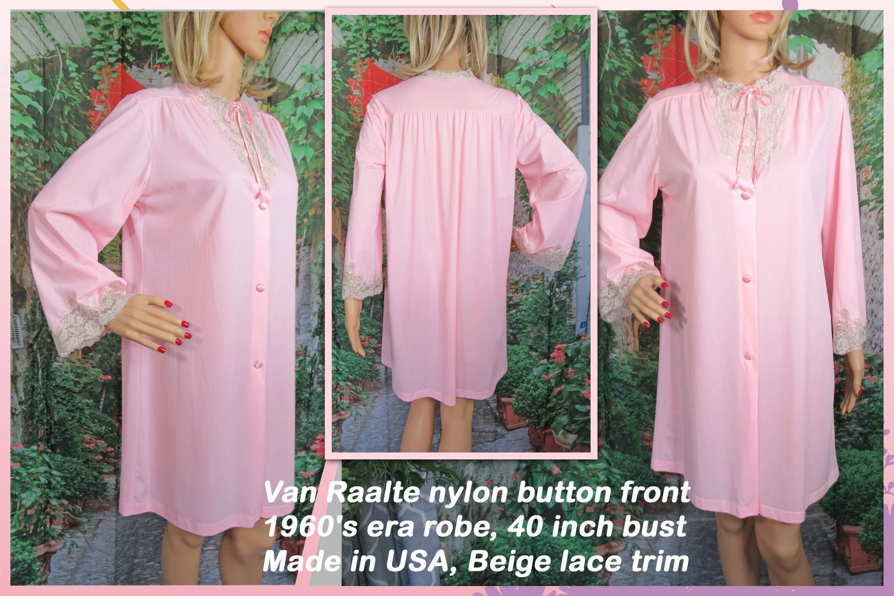 Van Raalte Robe Pink Nylon Beige Lace Trim Medium Top Self Tie Knee Length Button Front by Van Raalte - Image 5