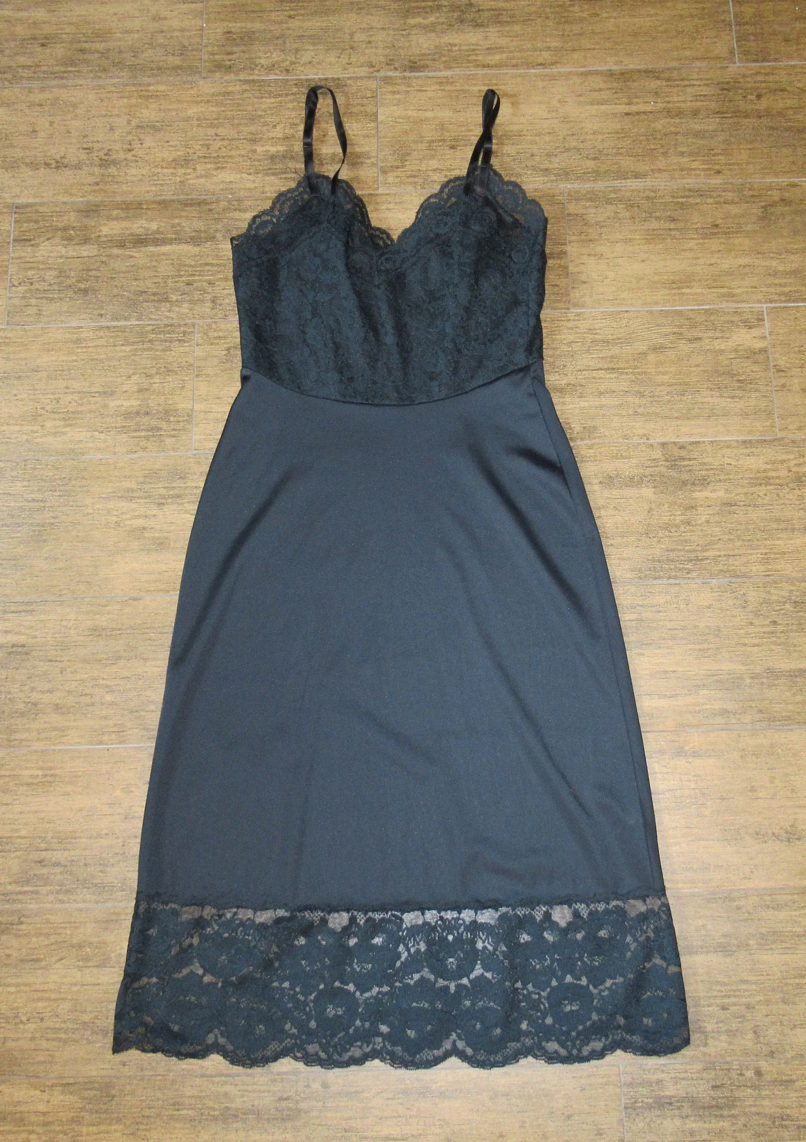 Van Raalte Slip Black Suavette Nylon Beautifully Shaped Lace Bodice Front and Back Sheer Lace Hemline Vintage by Van Raalte - Image 2