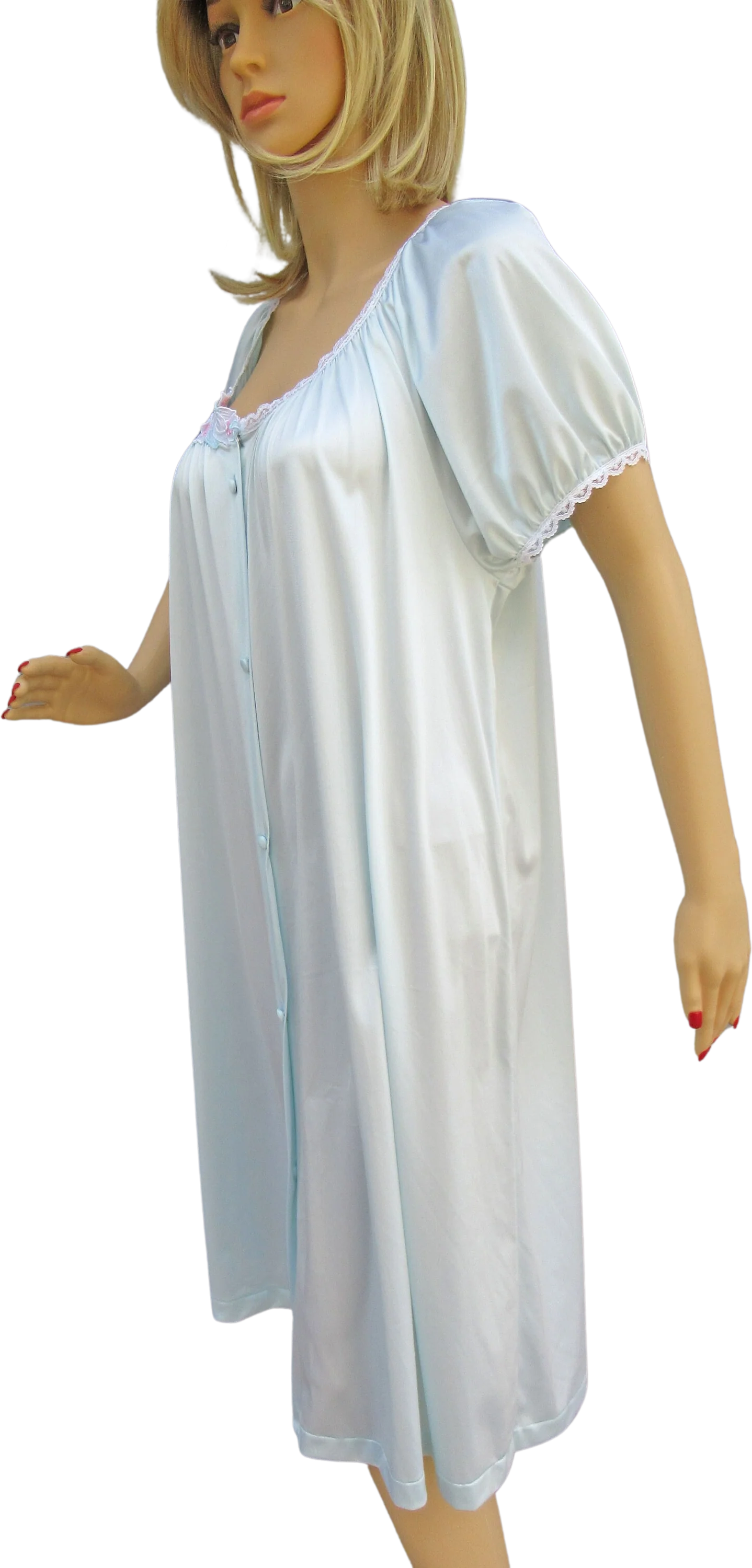 Vandemere Robe Pastel Blue Nylon Knee Length Button Front Cap Sleeve Fits Floral Applique Scoop Neckline Vintage by Vandemere