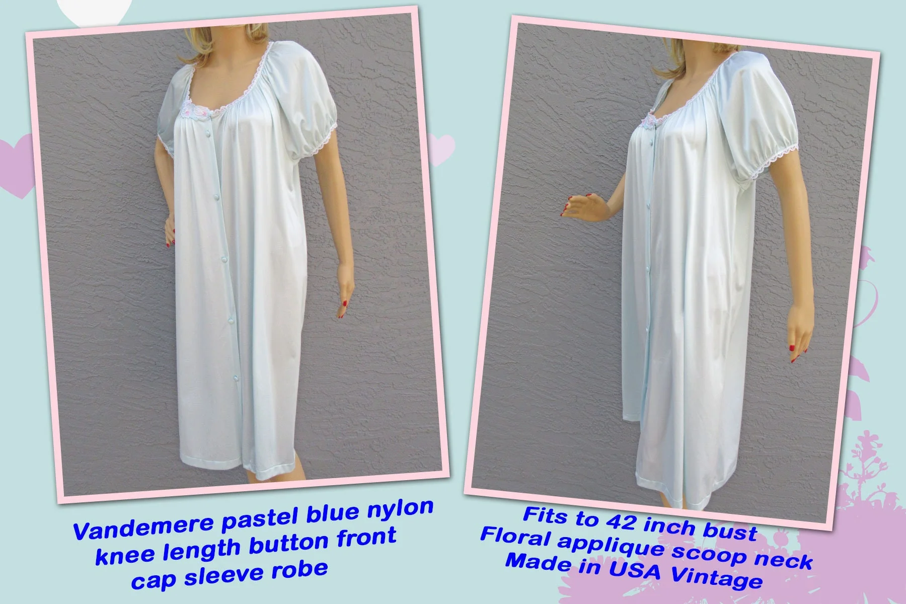Vandemere Robe Pastel Blue Nylon Knee Length Button Front Cap Sleeve Fits Floral Applique Scoop Neckline Vintage by Vandemere - Image 2