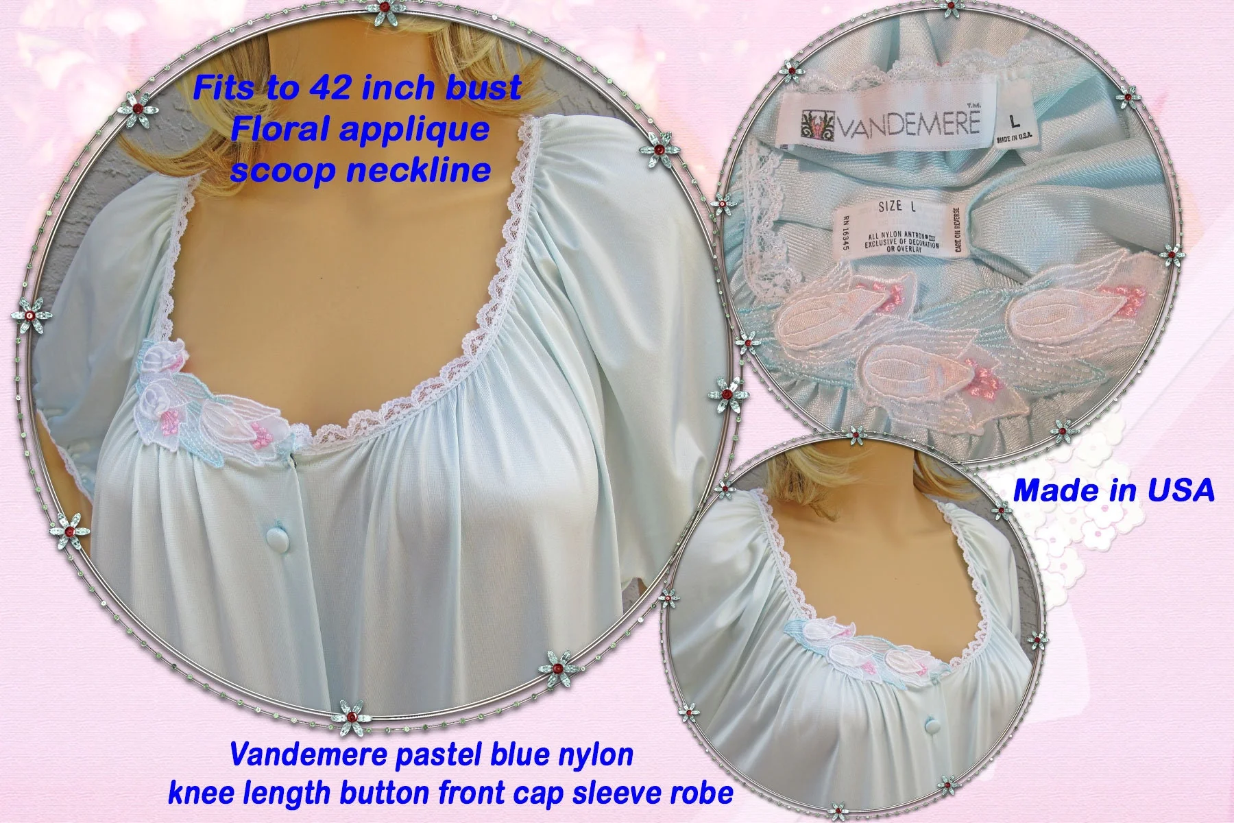Vandemere Robe Pastel Blue Nylon Knee Length Button Front Cap Sleeve Fits Floral Applique Scoop Neckline Vintage by Vandemere - Image 3