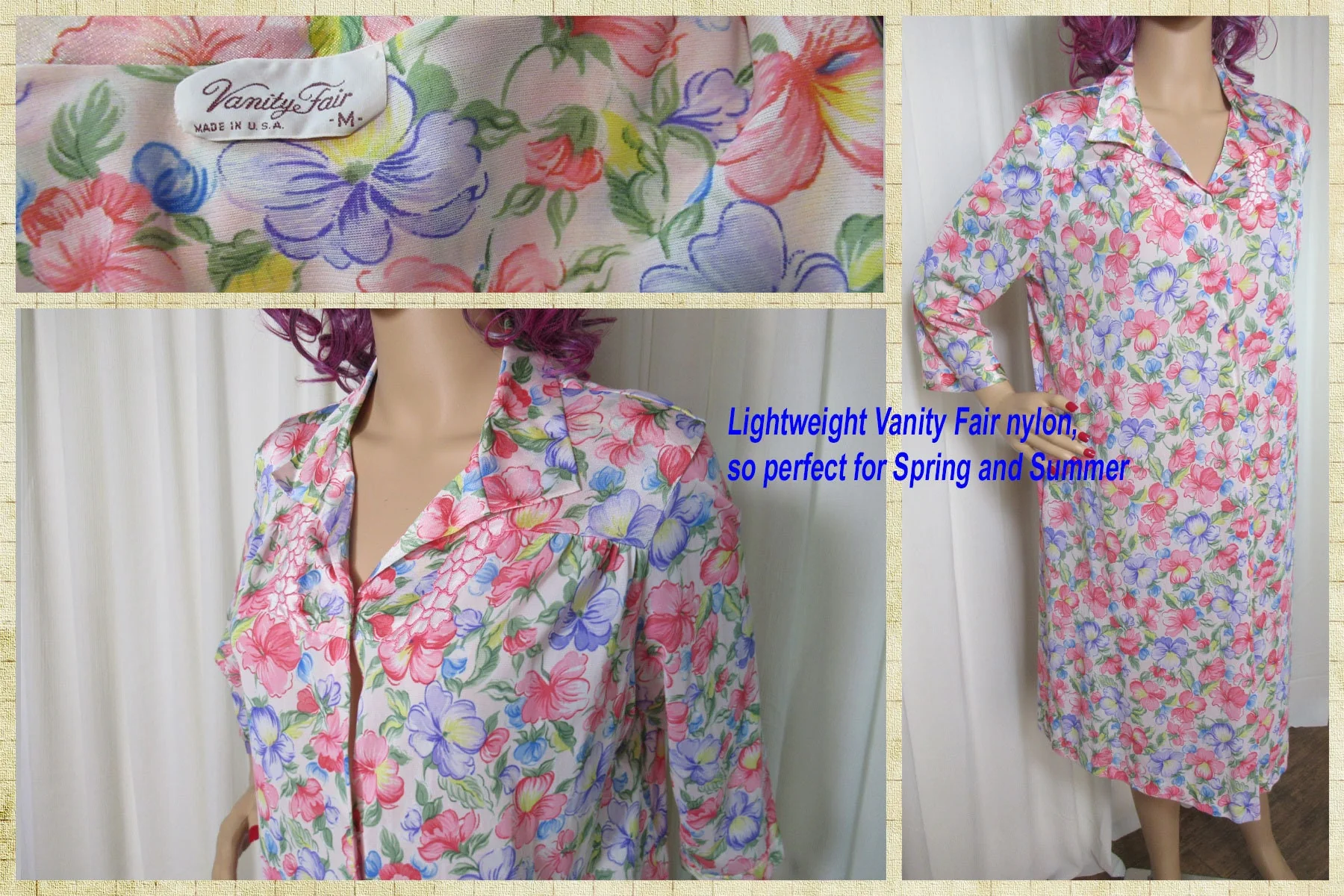 Vanity Fair 46 Robe 70s Floral Print Nylon Button Front Orangebluegreencream Knee Length Vintage by Vanity Fair - Image 8