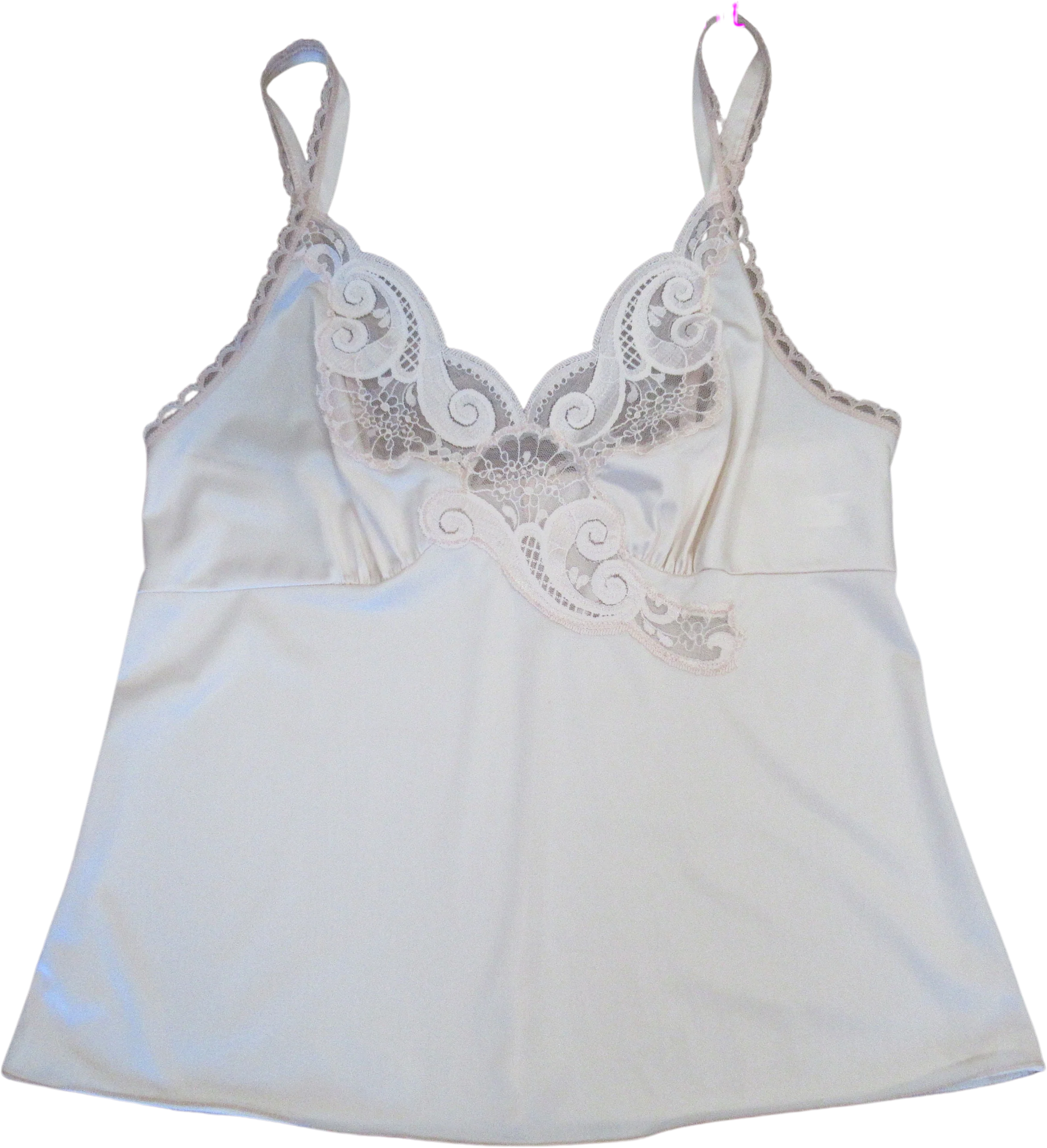 Beige Nylon Camisole Lush Floral and Scroll Lace Bodice Adjustable Straps Softly Shaped Bra Cups Vintage by Vanity Fair