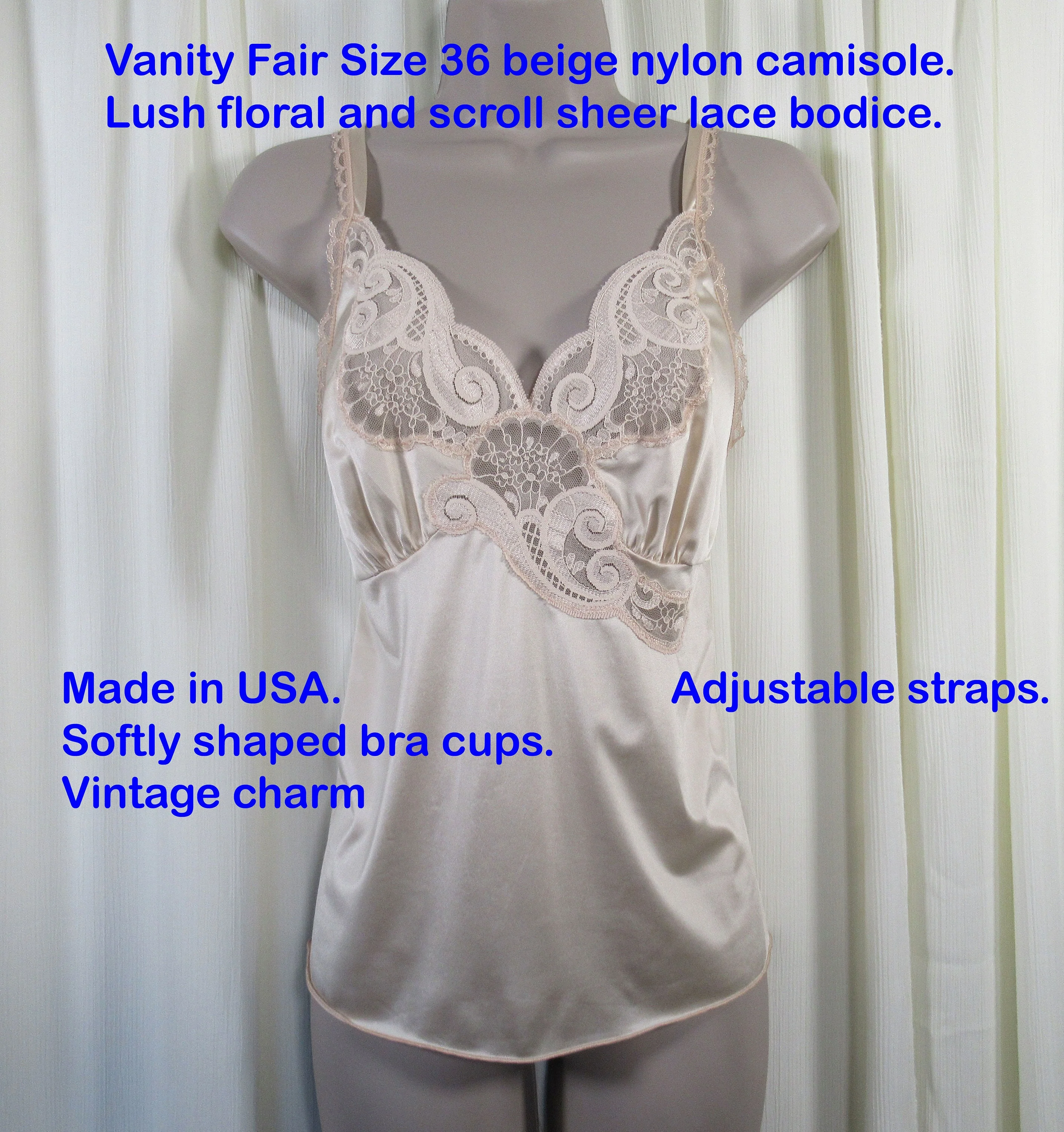 Beige Nylon Camisole Lush Floral and Scroll Lace Bodice Adjustable Straps Softly Shaped Bra Cups Vintage by Vanity Fair - Image 3