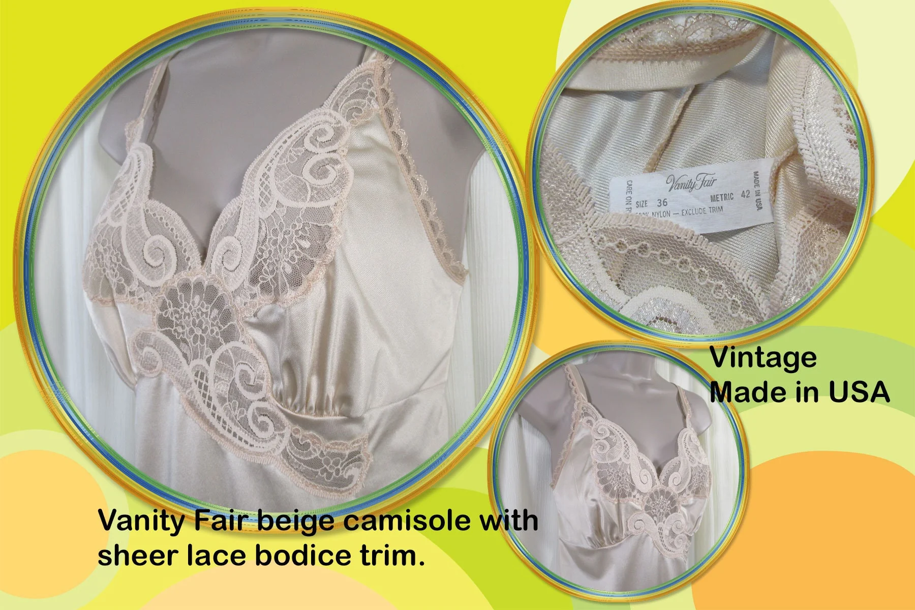 Beige Nylon Camisole Lush Floral and Scroll Lace Bodice Adjustable Straps Softly Shaped Bra Cups Vintage by Vanity Fair - Image 4