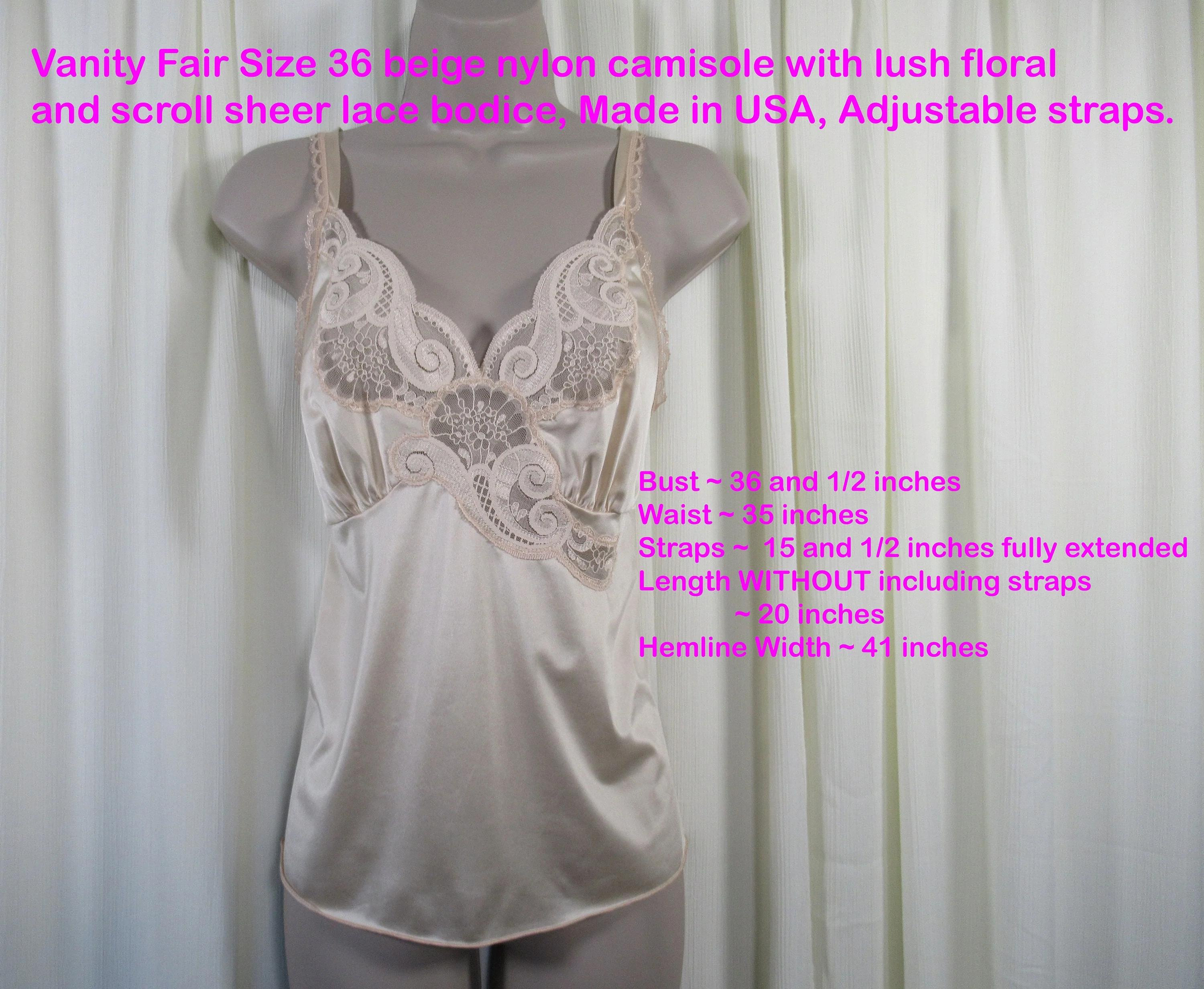 Beige Nylon Camisole Lush Floral and Scroll Lace Bodice Adjustable Straps Softly Shaped Bra Cups Vintage by Vanity Fair - Image 5