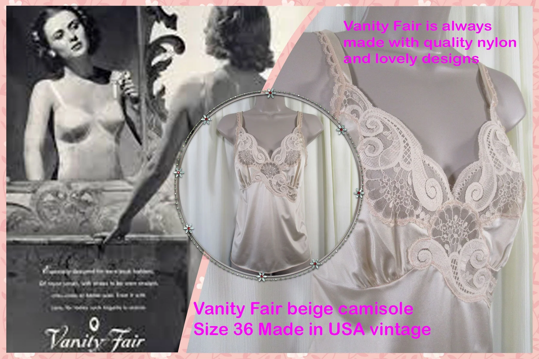 Beige Nylon Camisole Lush Floral and Scroll Lace Bodice Adjustable Straps Softly Shaped Bra Cups Vintage by Vanity Fair - Image 7