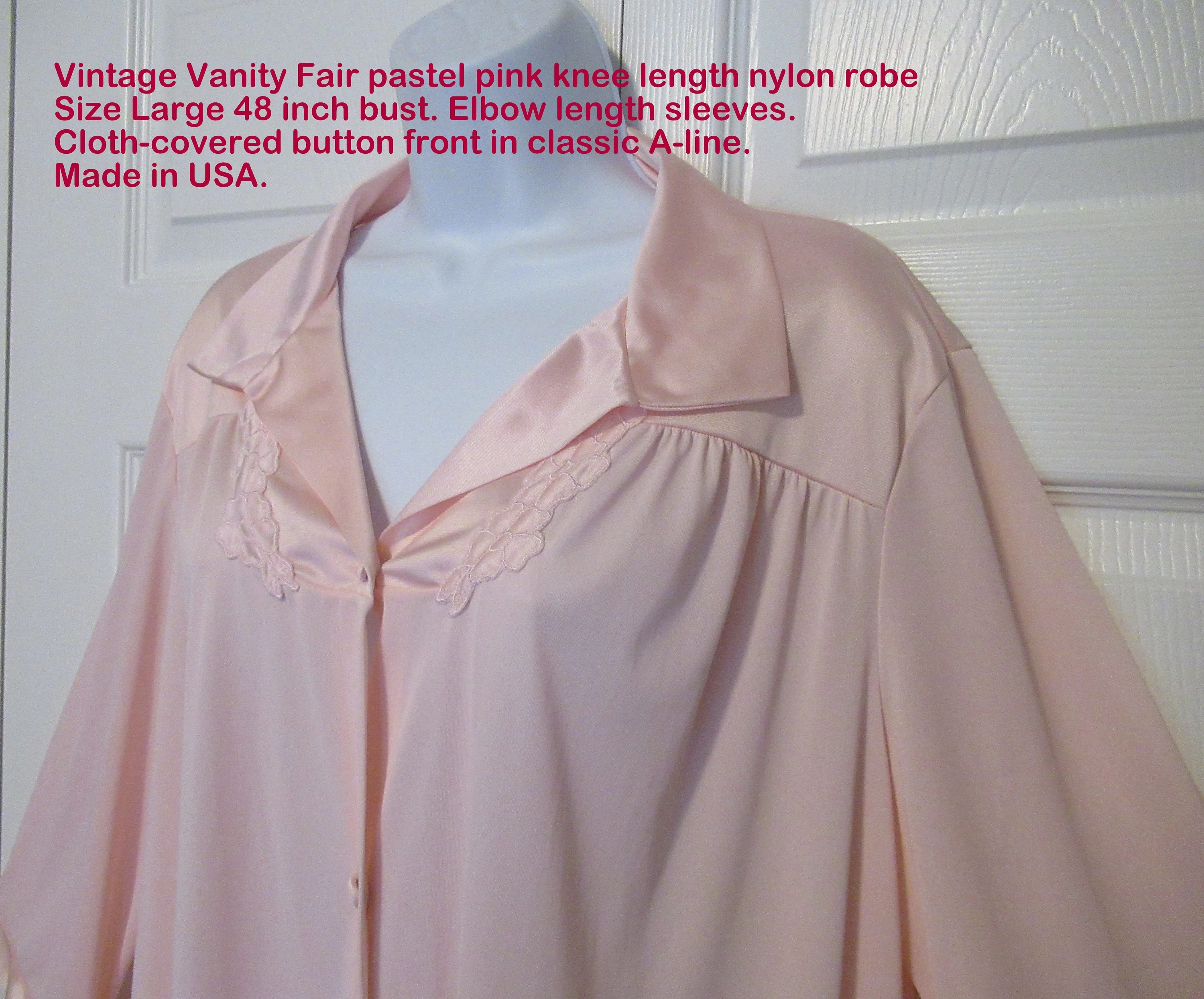 Vanity Fair Nylon Robe Pastel Pink Knee Length Elbow Length Sleeve Button Front Classic A-Line Vintage by Vanity Fair - Image 2
