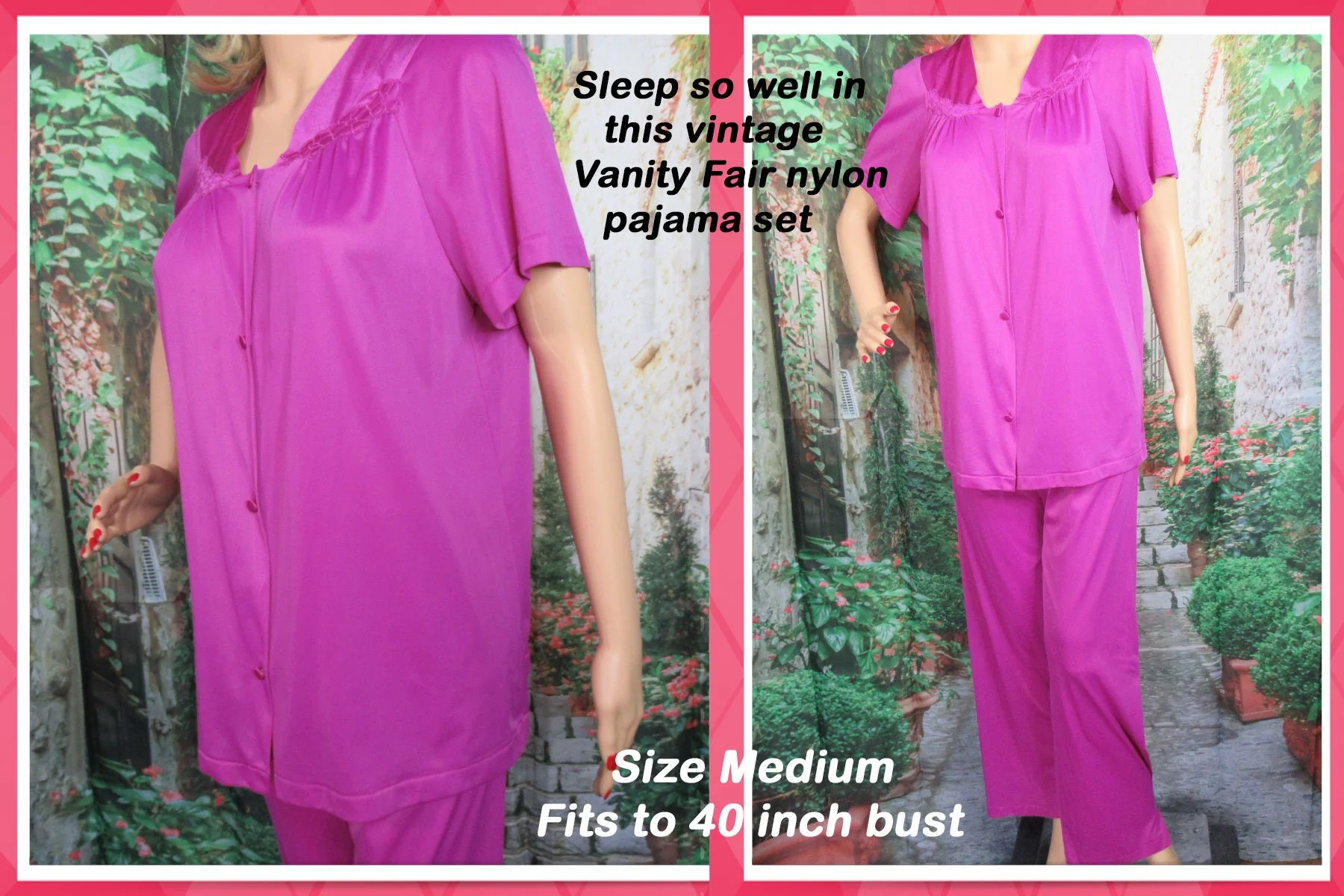 Pajama Set Raspberry Pink Nylon Short Sleeve Top Cloth Covered Buttons Elastic Long Pant by Vanity Fair - Image 2