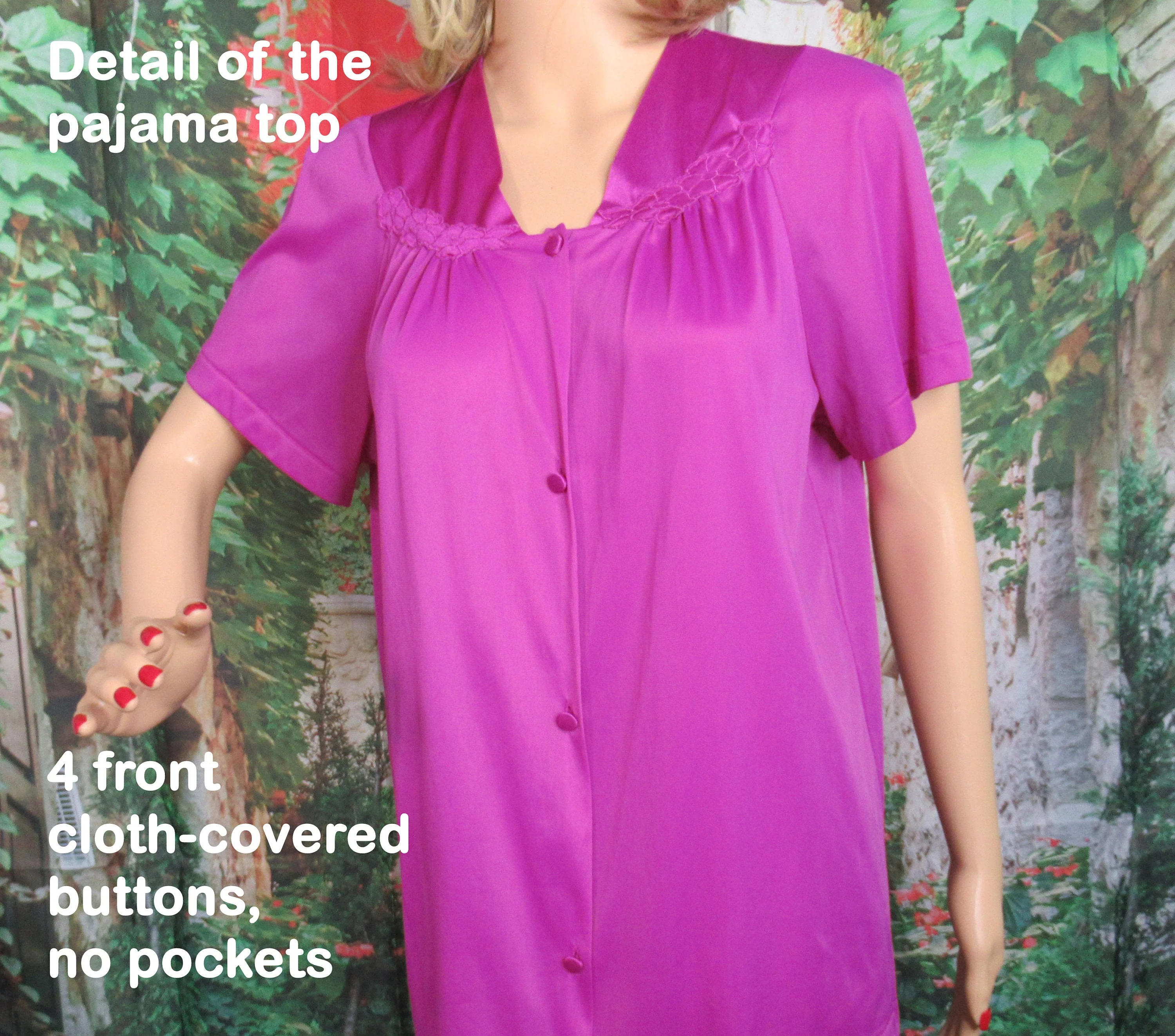 Pajama Set Raspberry Pink Nylon Short Sleeve Top Cloth Covered Buttons Elastic Long Pant by Vanity Fair - Image 6