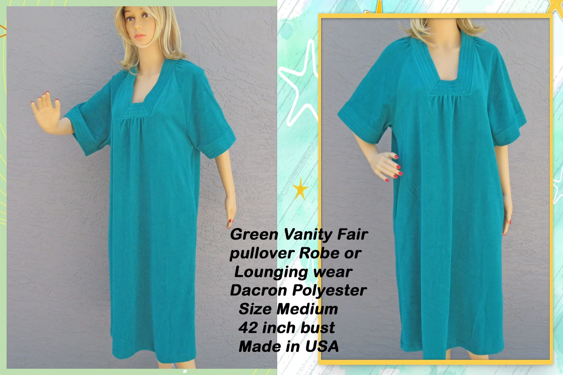 Vanity Fair Pullover Robe Or Lounge Wear Green Dacron Polyester Half Sleeve Fallwinter Style Vintage by Vanity Fair - Image 3
