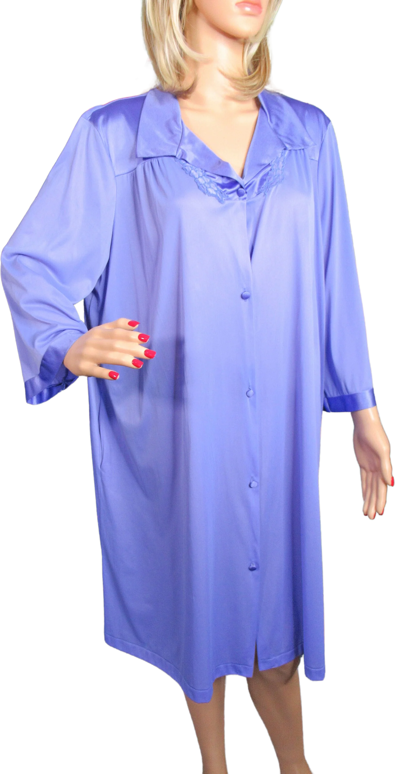 Vanity Fair Robe 47 Classic Applique Trim Yoke Blue Nylon Sleeve Front Buttons Hidden Side Pocket Knee Length by Vanity Fair