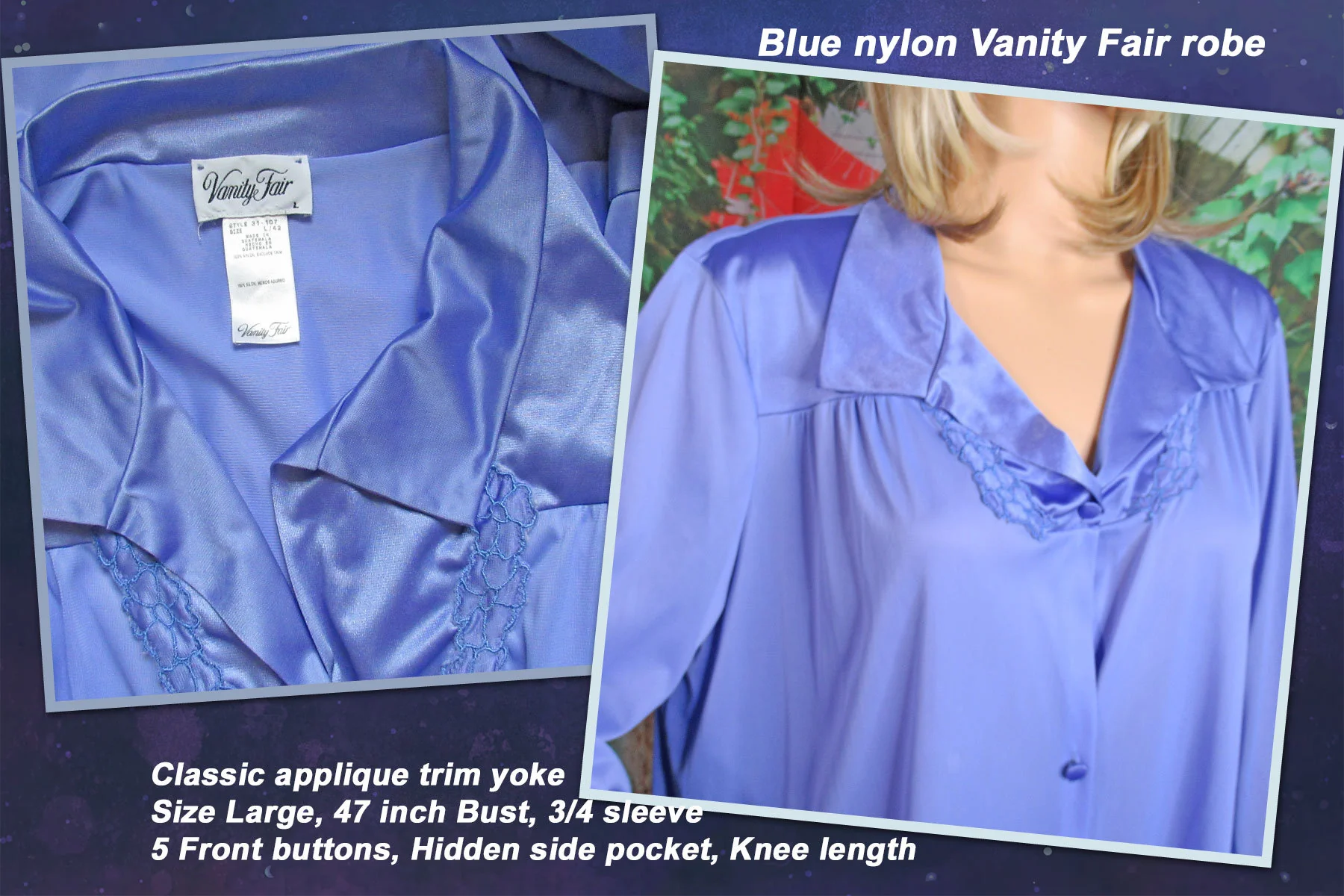Vanity Fair Robe 47 Classic Applique Trim Yoke Blue Nylon Sleeve Front Buttons Hidden Side Pocket Knee Length by Vanity Fair - Image 2