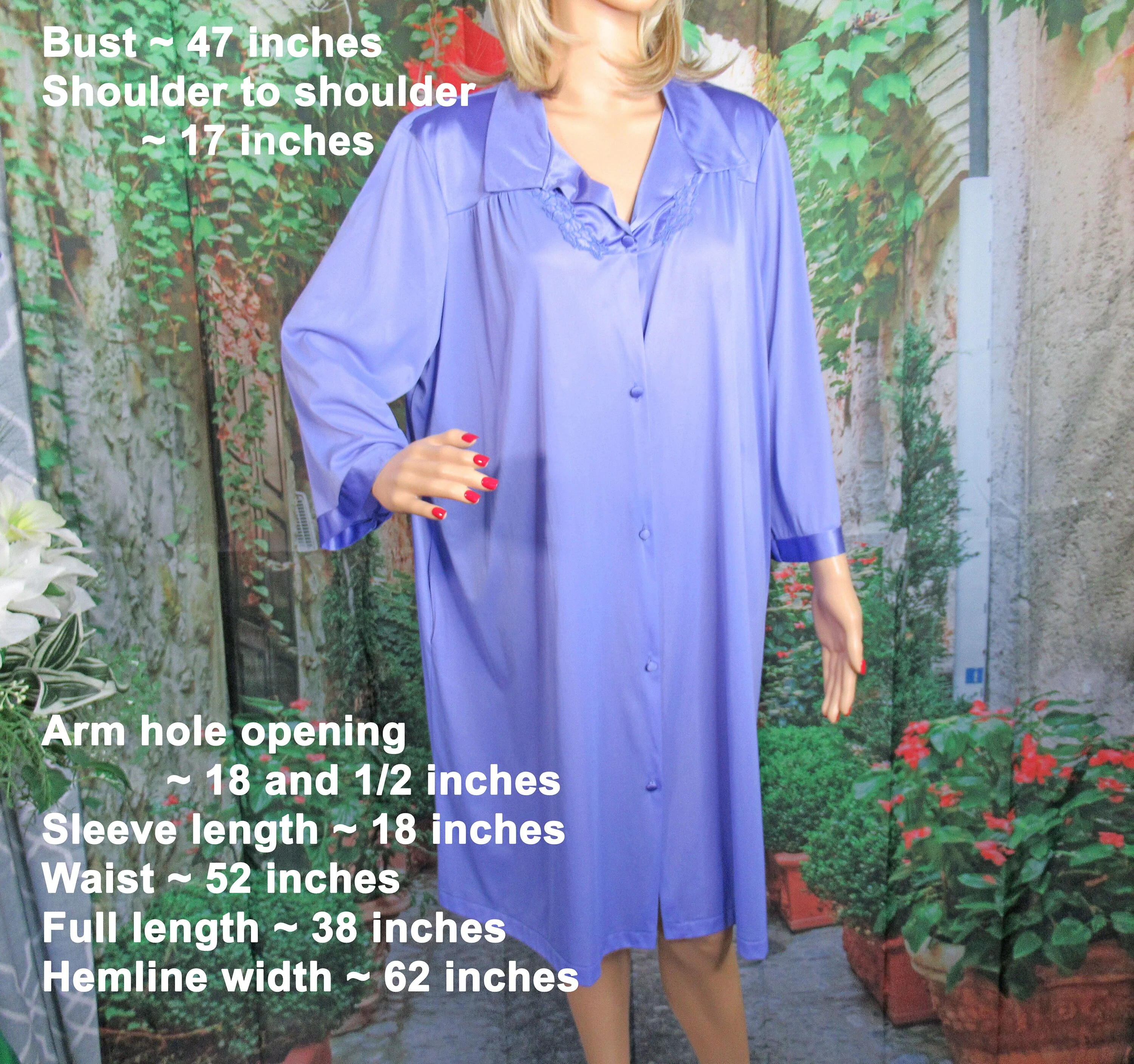 Vanity Fair Robe 47 Classic Applique Trim Yoke Blue Nylon Sleeve Front Buttons Hidden Side Pocket Knee Length by Vanity Fair - Image 3