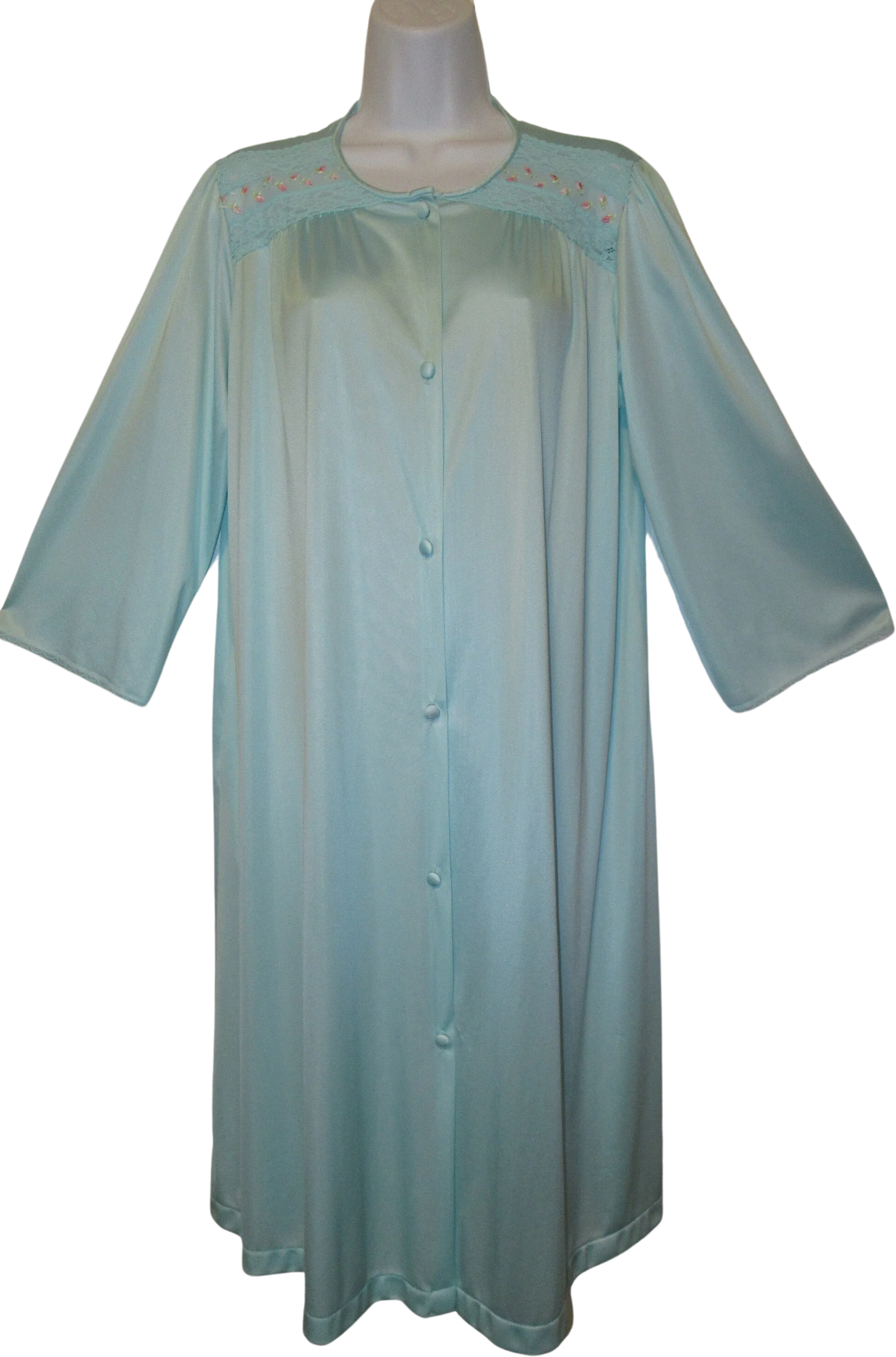 Vanity Fair Robe Cloth Covered Front Buttons Nylon Teal Knee Length A-Line Elbow Length Sleeves Top Lace Embroidery by Vanity Fair