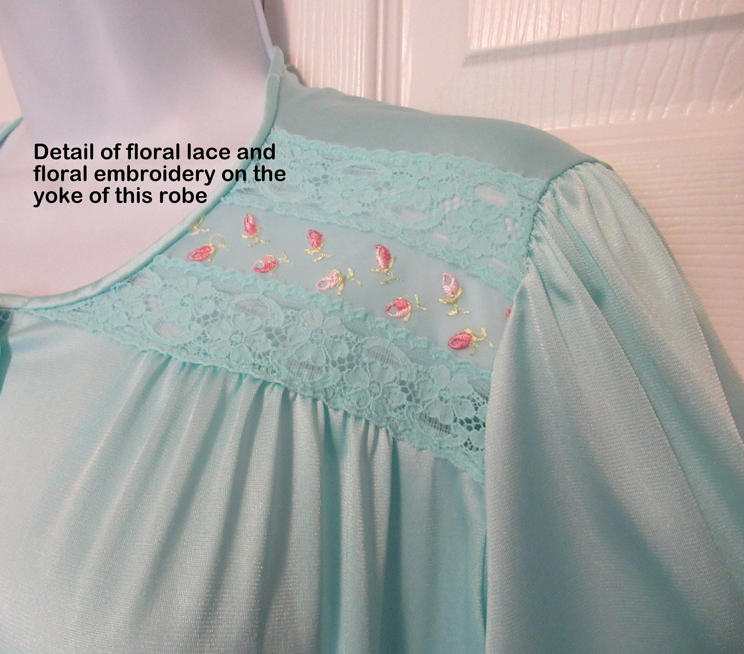 Vanity Fair Robe Cloth Covered Front Buttons Nylon Teal Knee Length A-Line Elbow Length Sleeves Top Lace Embroidery by Vanity Fair - Image 5