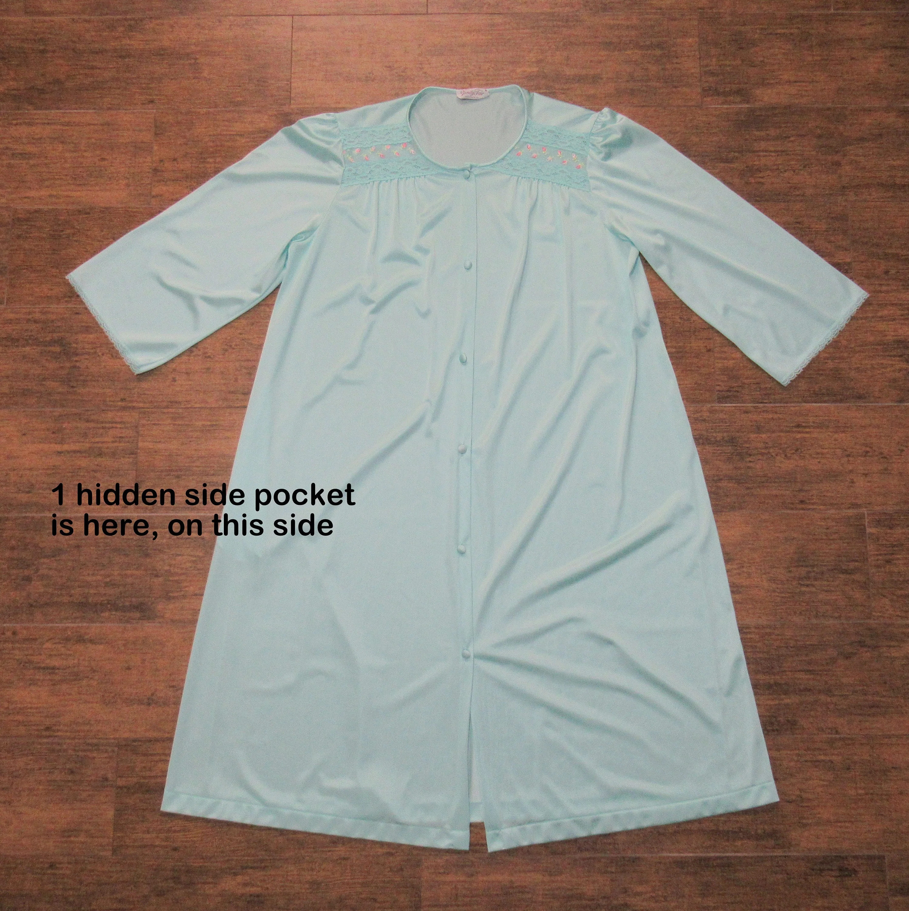 Vanity Fair Robe Cloth Covered Front Buttons Nylon Teal Knee Length A-Line Elbow Length Sleeves Top Lace Embroidery by Vanity Fair - Image 6