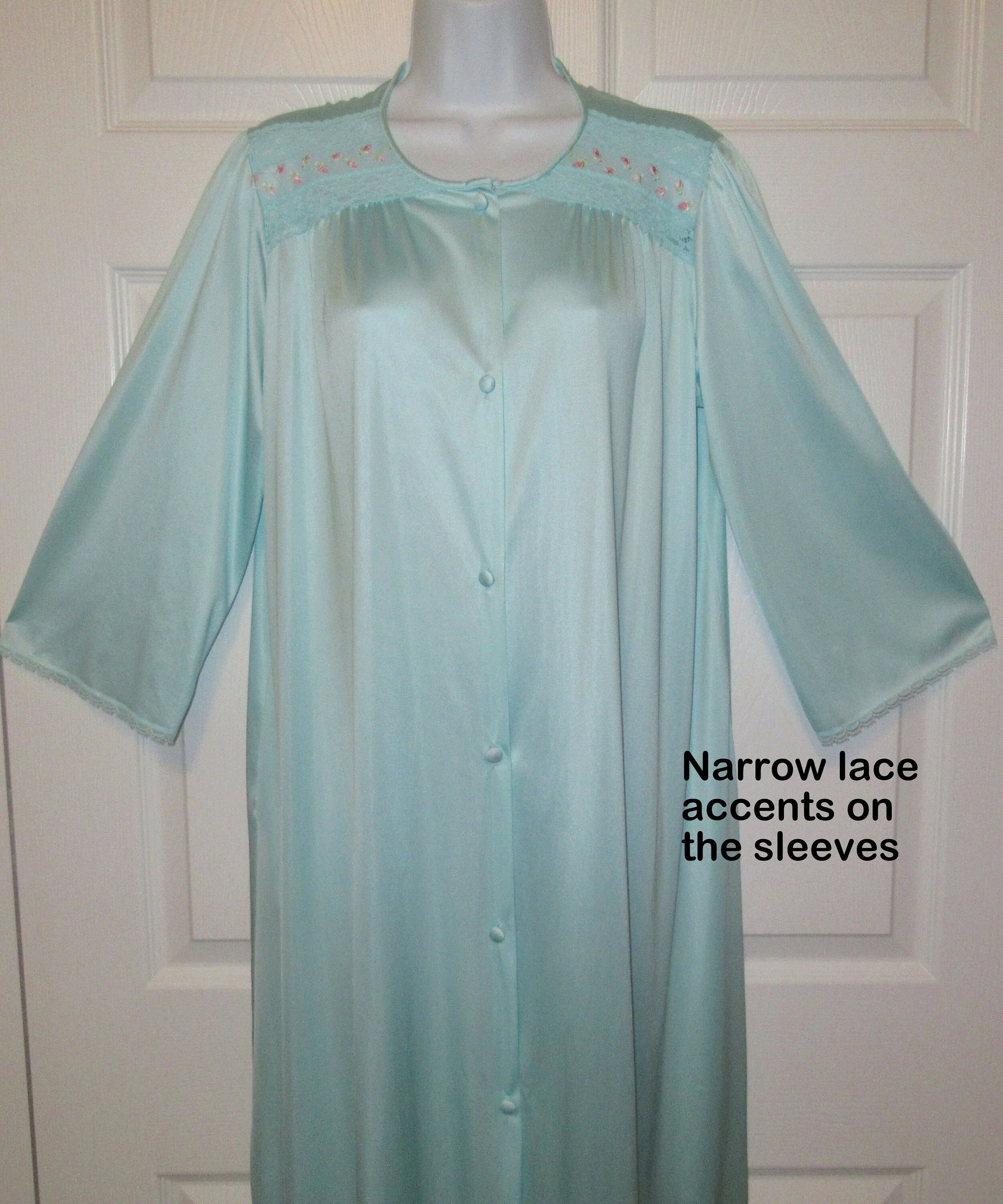 Vanity Fair Robe Cloth Covered Front Buttons Nylon Teal Knee Length A-Line Elbow Length Sleeves Top Lace Embroidery by Vanity Fair - Image 7