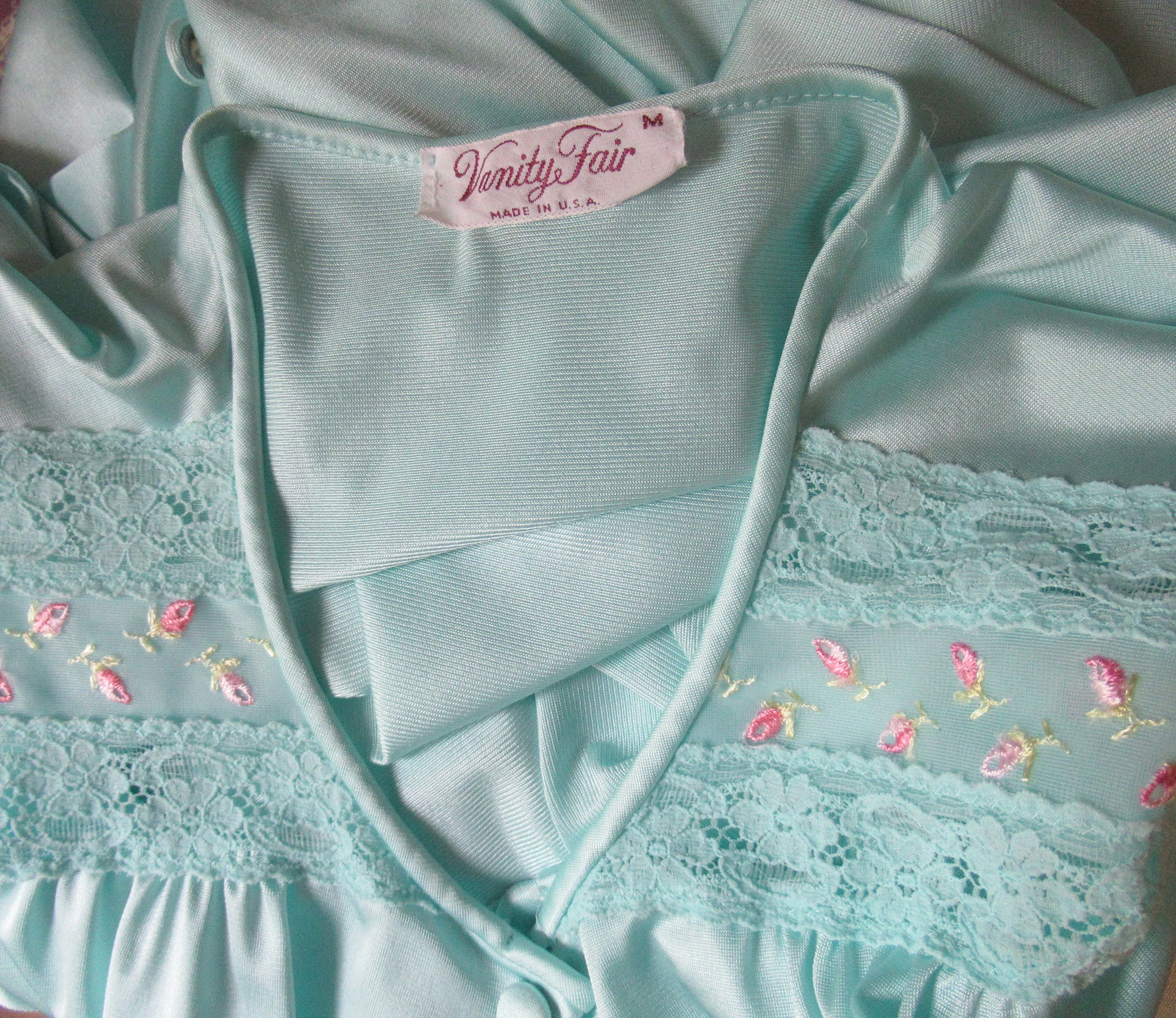 Vanity Fair Robe Cloth Covered Front Buttons Nylon Teal Knee Length A-Line Elbow Length Sleeves Top Lace Embroidery by Vanity Fair - Image 8