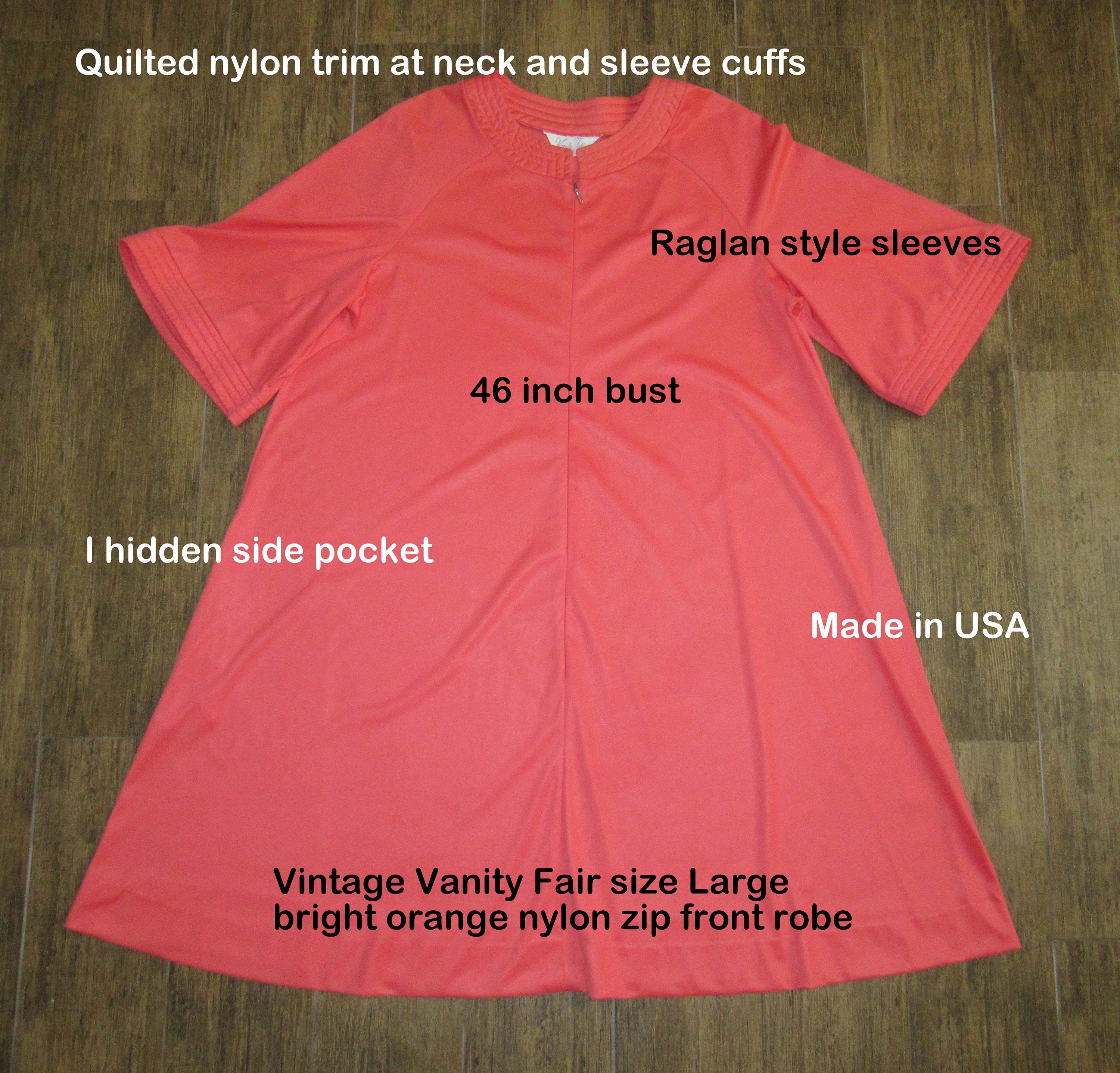Vanity Fair Robe Orange Nylon Zip Front Knee Length Large Quilted Trim At Neckline and Sleeve Cuffs Vintage by Vanity Fair - Image 2