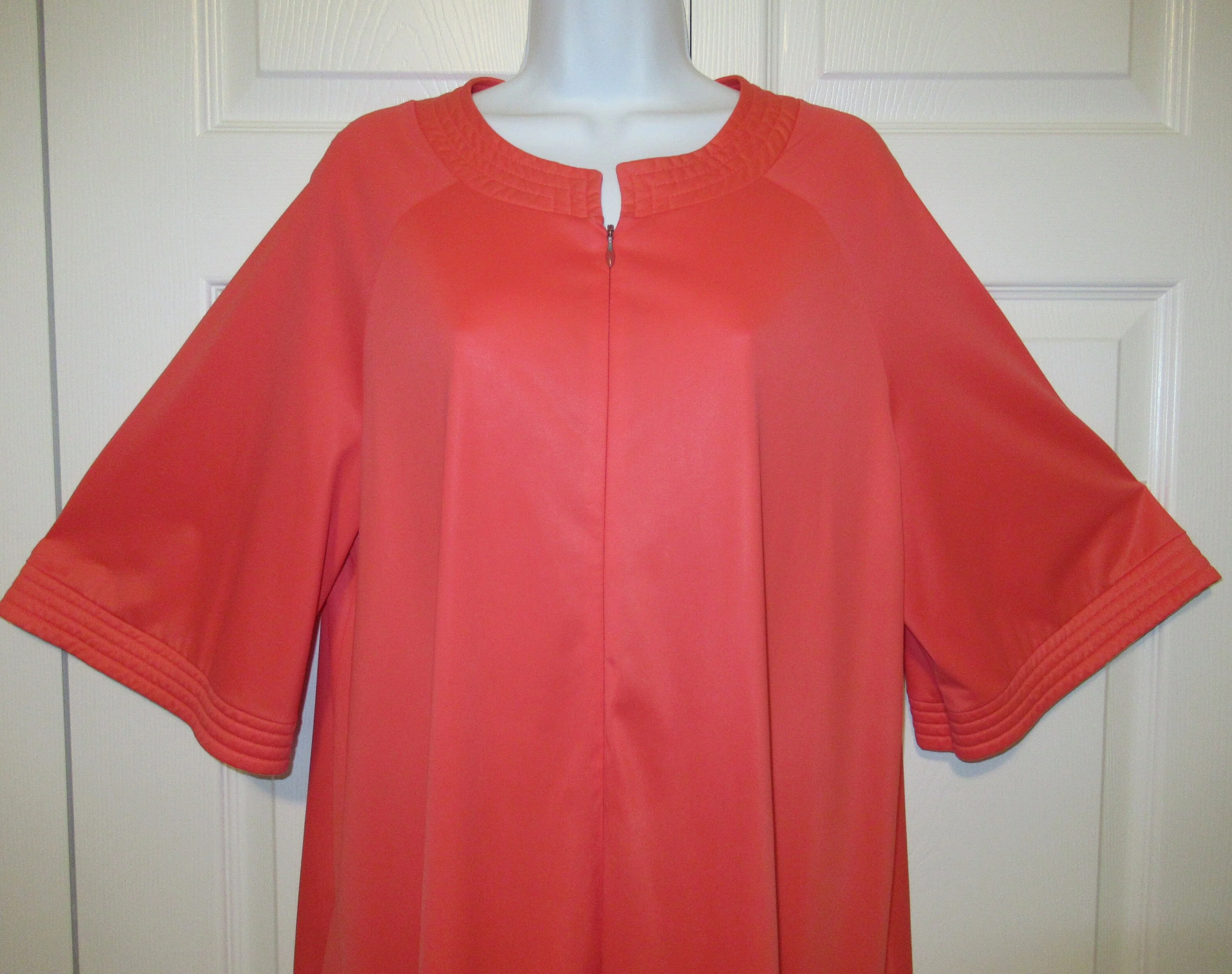 Vanity Fair Robe Orange Nylon Zip Front Knee Length Large Quilted Trim At Neckline and Sleeve Cuffs Vintage by Vanity Fair - Image 3