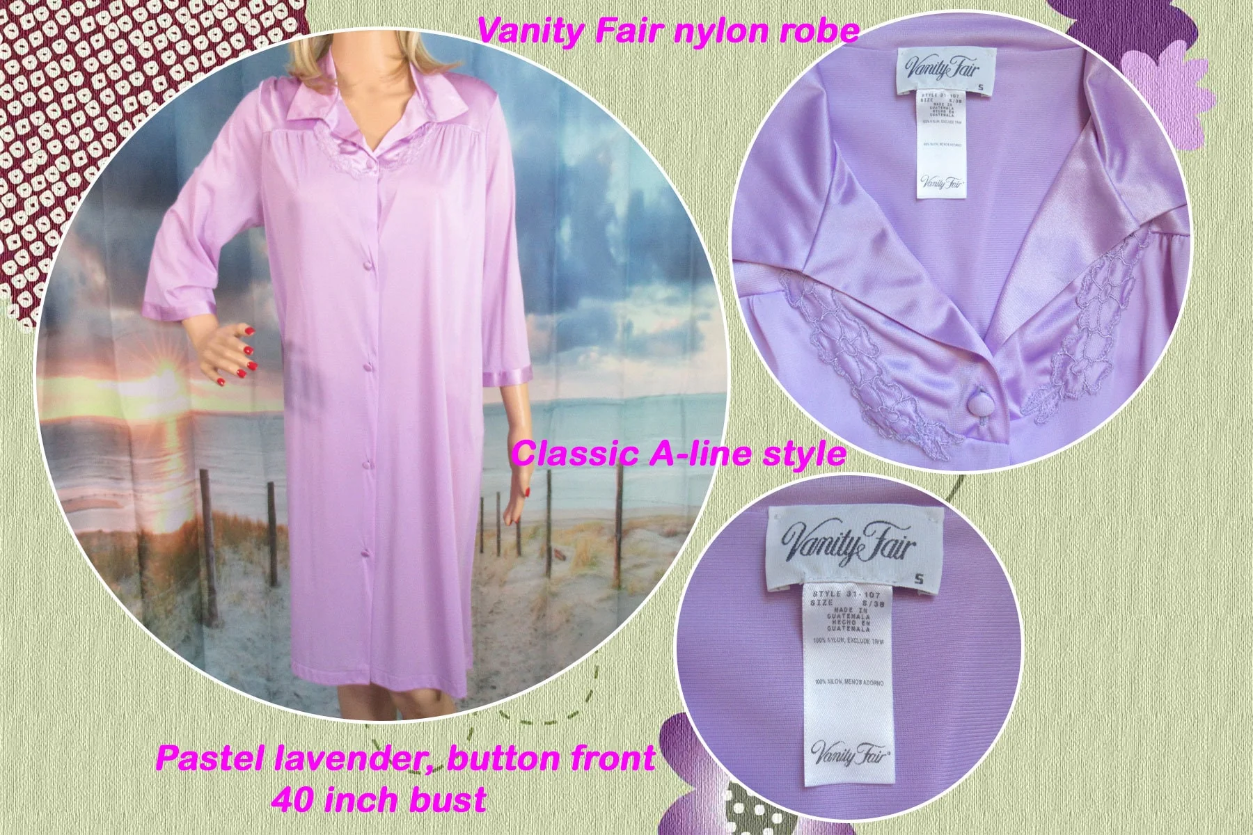 Vanity Fair Robe Pastel Lavender Nylon Button Front Applique Trim and Nylon Satin Classic Vf A-Line Knee Length 1 Pocket Vintage by Vanity Fair - Image 2