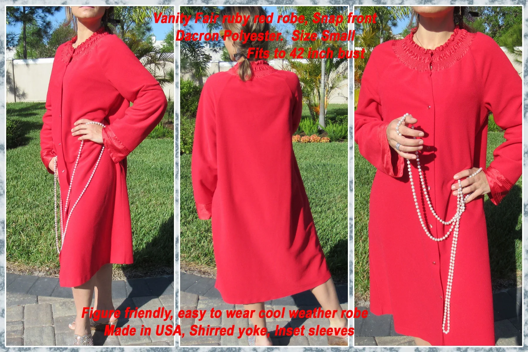 Vanity Fair Robe Snap Front Dacron Polyester S Ru Red Long Sleeves Shirred Yoke Inset Sleeve Chic Warm Robe by Vanity Fair - Image 2