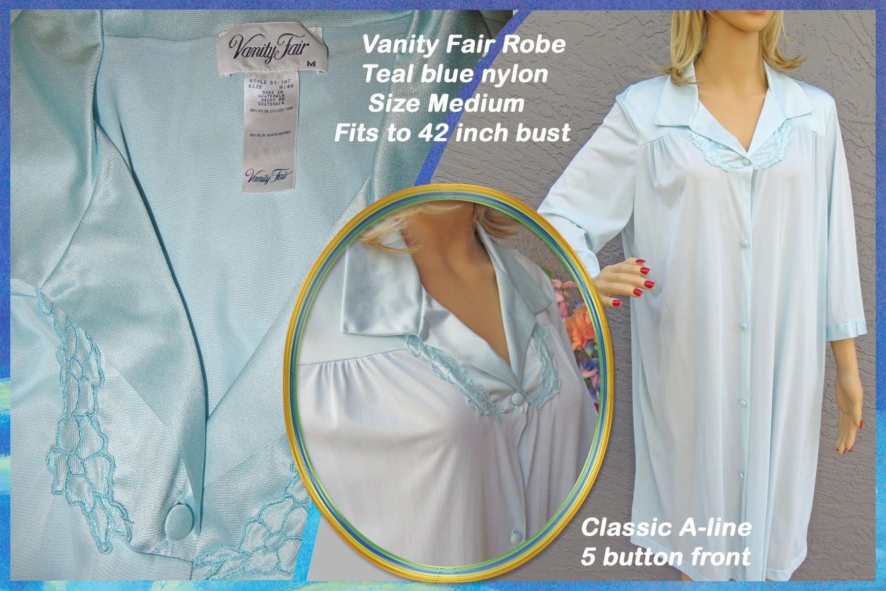 Vanity Fair Robe Teal Blue Nylon Length Sleeve Classic A-Line 5 Button Front Made In Guatemala Vintage by Vanity Fair - Image 6