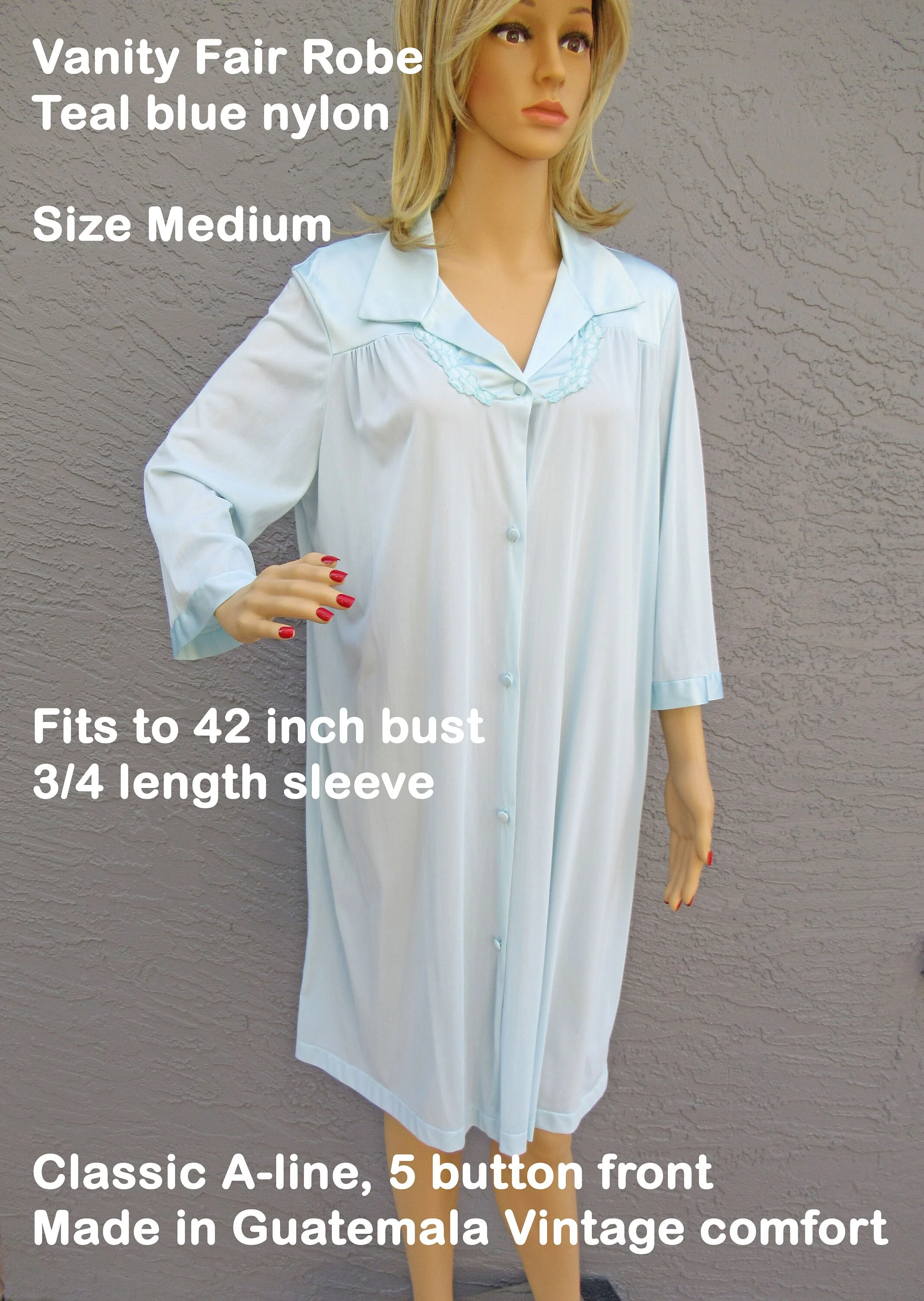 Vanity Fair Robe Teal Blue Nylon Length Sleeve Classic A-Line 5 Button Front Made In Guatemala Vintage by Vanity Fair - Image 7