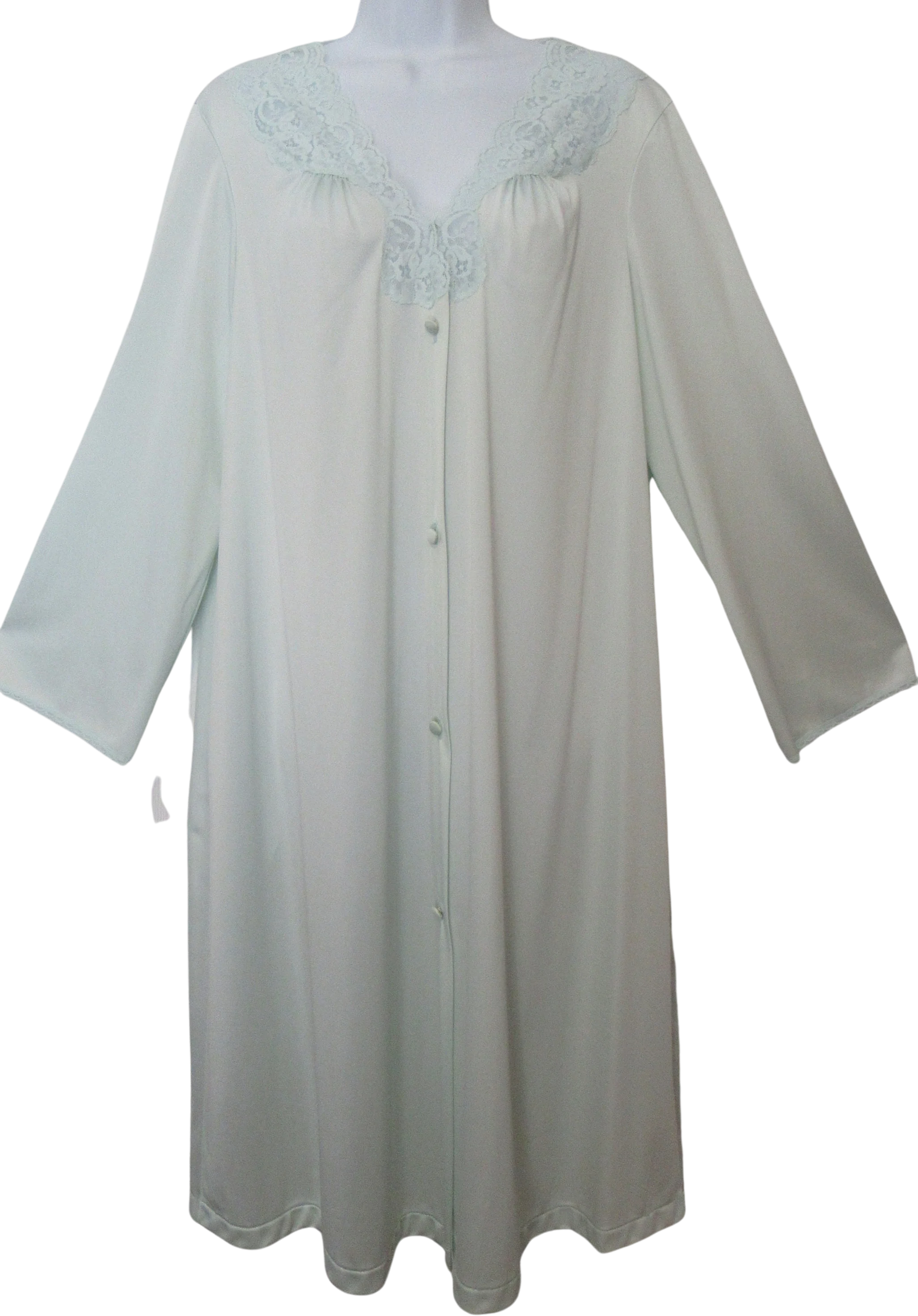Vanity Fair Robe Wlace Yoke Pastel Green Nylon Button Front Large Knee Length 1 Hidden Side Pocket No Collar by Vanity Fair