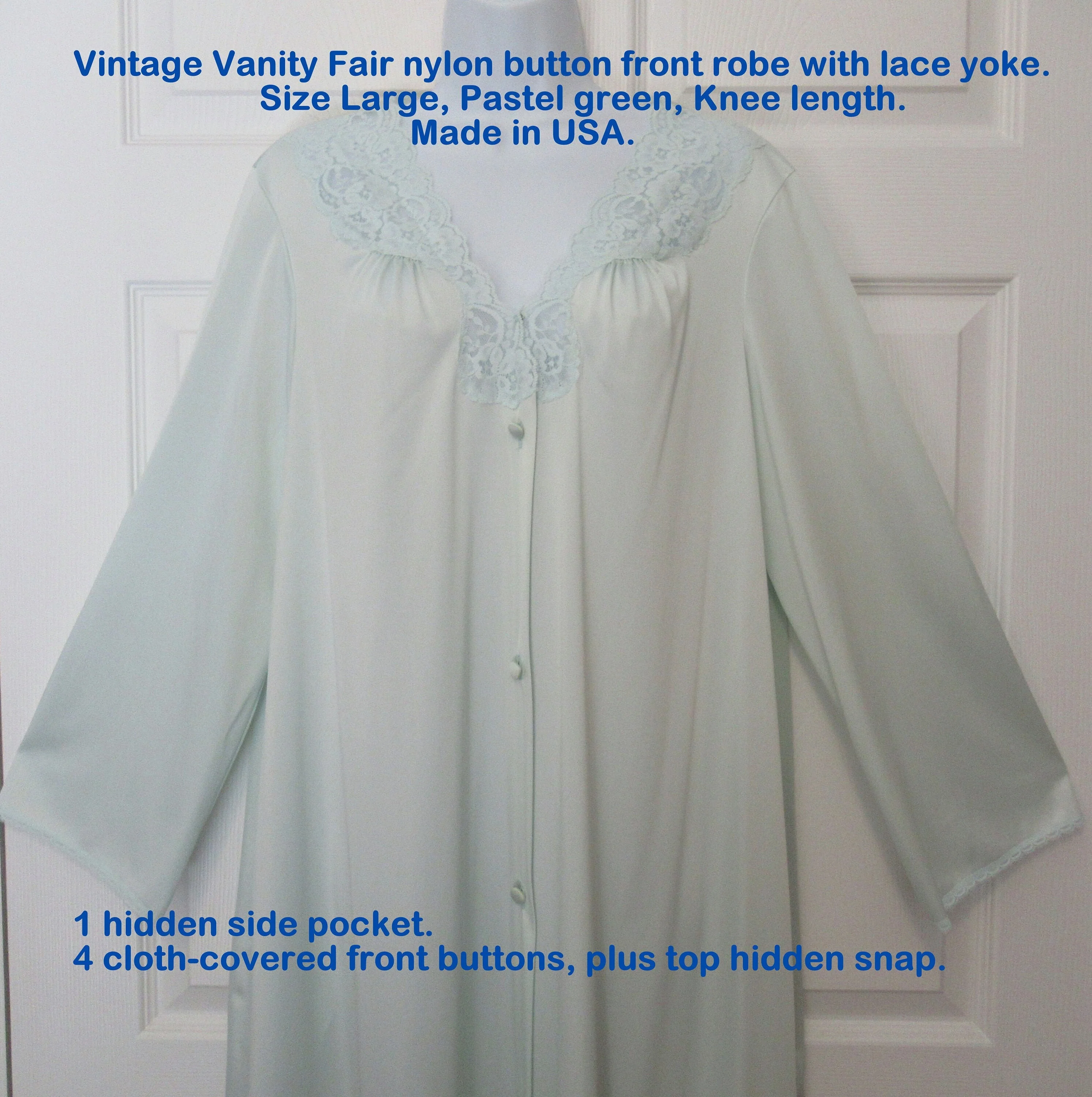 Vanity Fair Robe Wlace Yoke Pastel Green Nylon Button Front Large Knee Length 1 Hidden Side Pocket No Collar by Vanity Fair - Image 4