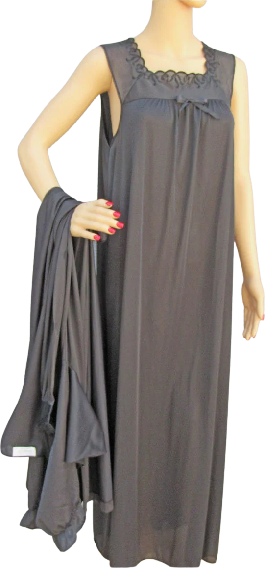 Vanity Fair Set Button Front Robe with A-Line Sleeveless Gown Black Nylon Lace Sheer Chiffon Trim Peignoir by Vanity Fair
