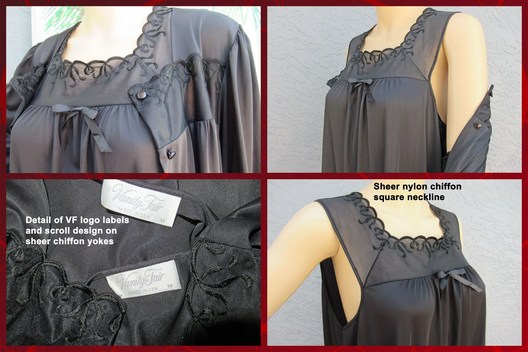 Vanity Fair Set Button Front Robe with A-Line Sleeveless Gown Black Nylon Lace Sheer Chiffon Trim Peignoir by Vanity Fair - Image 10