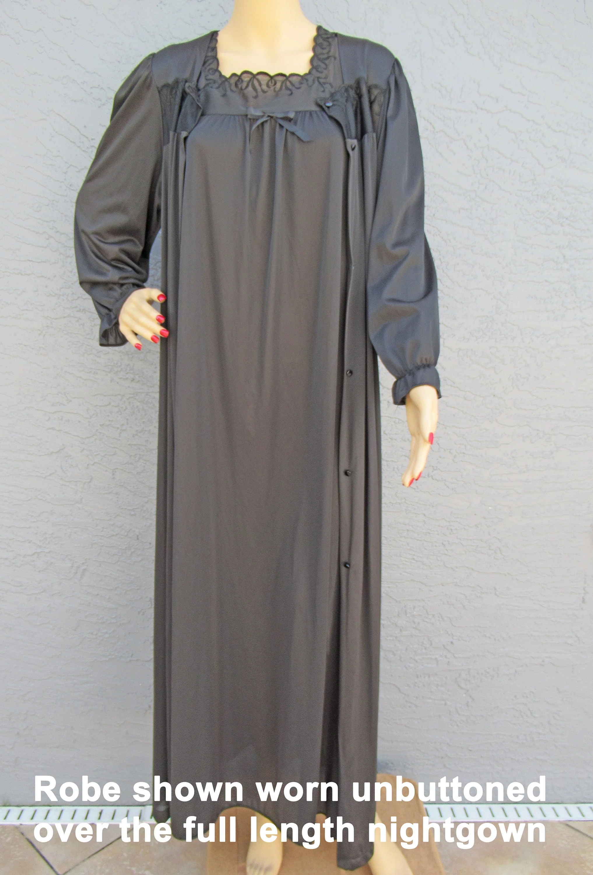 Vanity Fair Set Button Front Robe with A-Line Sleeveless Gown Black Nylon Lace Sheer Chiffon Trim Peignoir by Vanity Fair - Image 2