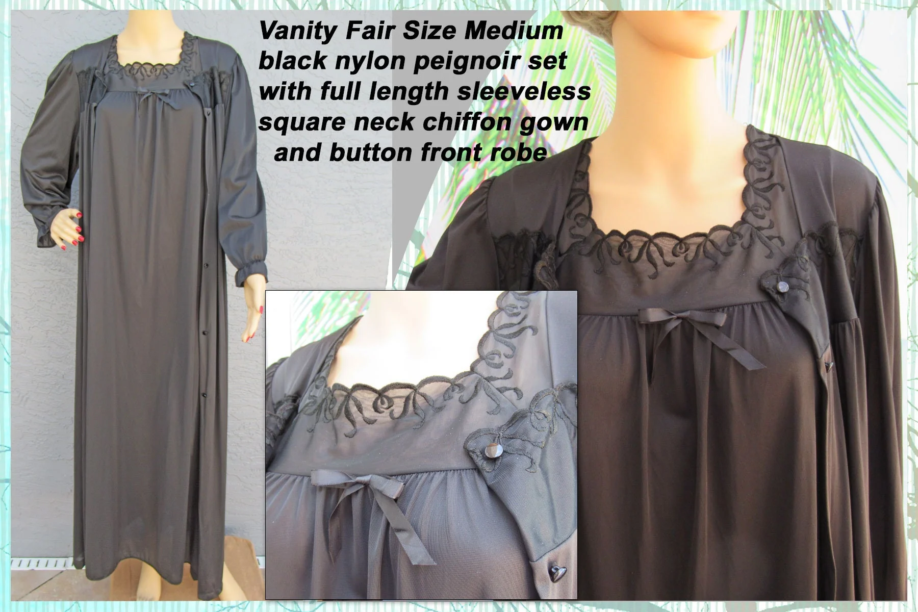 Vanity Fair Set Button Front Robe with A-Line Sleeveless Gown Black Nylon Lace Sheer Chiffon Trim Peignoir by Vanity Fair - Image 3