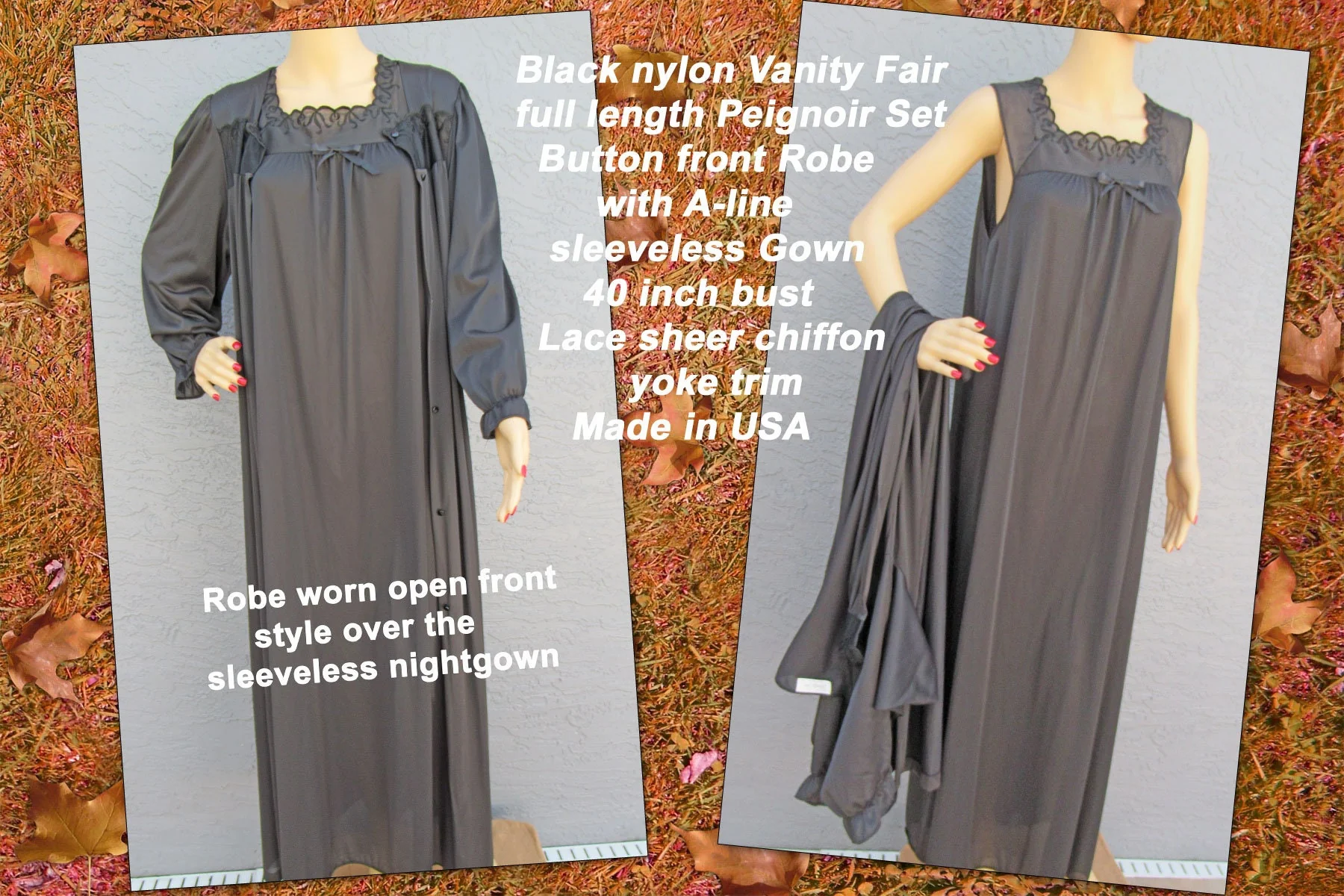 Vanity Fair Set Button Front Robe with A-Line Sleeveless Gown Black Nylon Lace Sheer Chiffon Trim Peignoir by Vanity Fair - Image 5