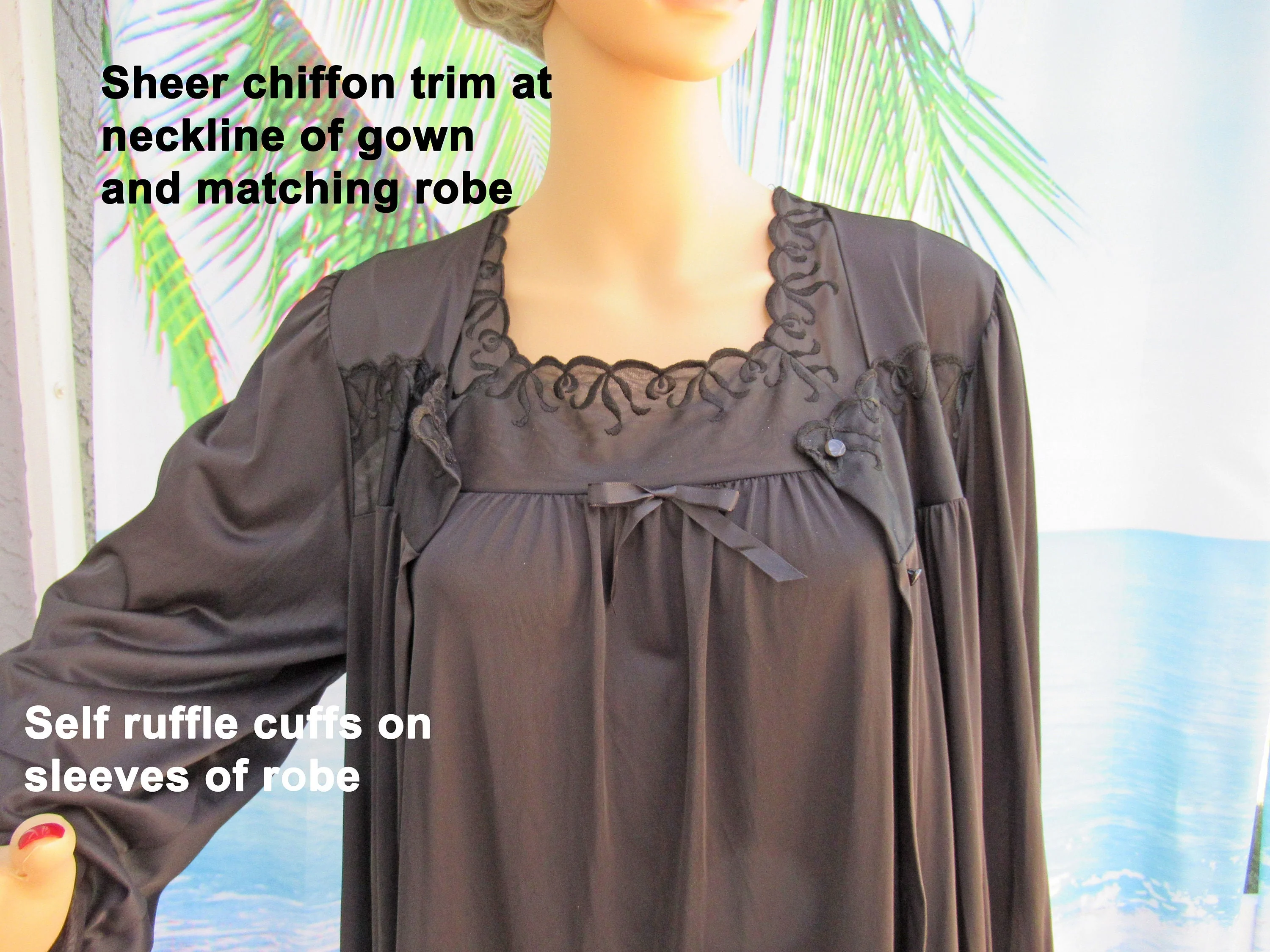 Vanity Fair Set Button Front Robe with A-Line Sleeveless Gown Black Nylon Lace Sheer Chiffon Trim Peignoir by Vanity Fair - Image 8