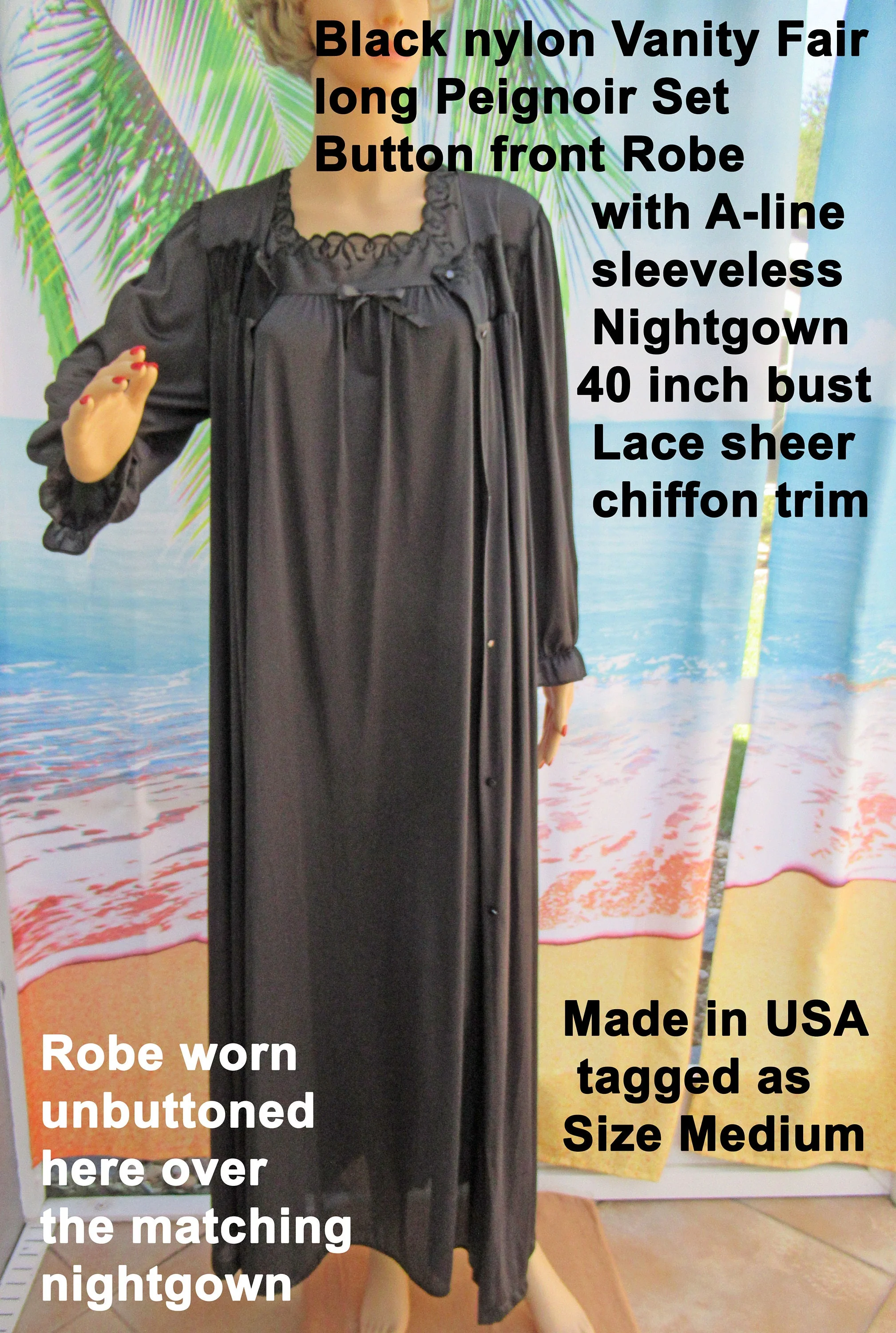 Vanity Fair Set Button Front Robe with A-Line Sleeveless Gown Black Nylon Lace Sheer Chiffon Trim Peignoir by Vanity Fair - Image 9