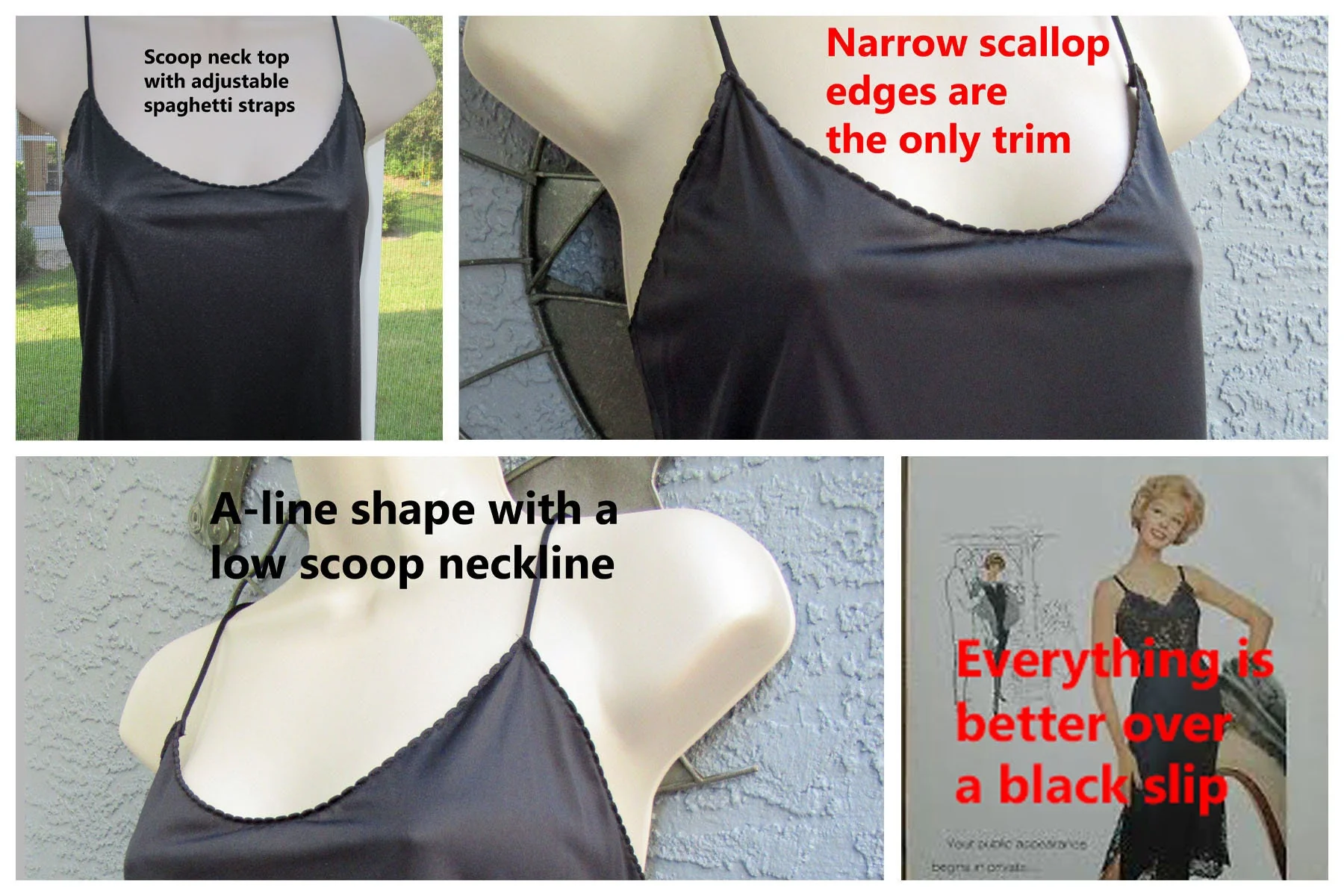 Vanity Fair Slip Or Nightgown Black Nylon Longer Length Adjustable Spaghetti Straps Chic Without Lace A-Line Shape by Vanity Fair - Image 6