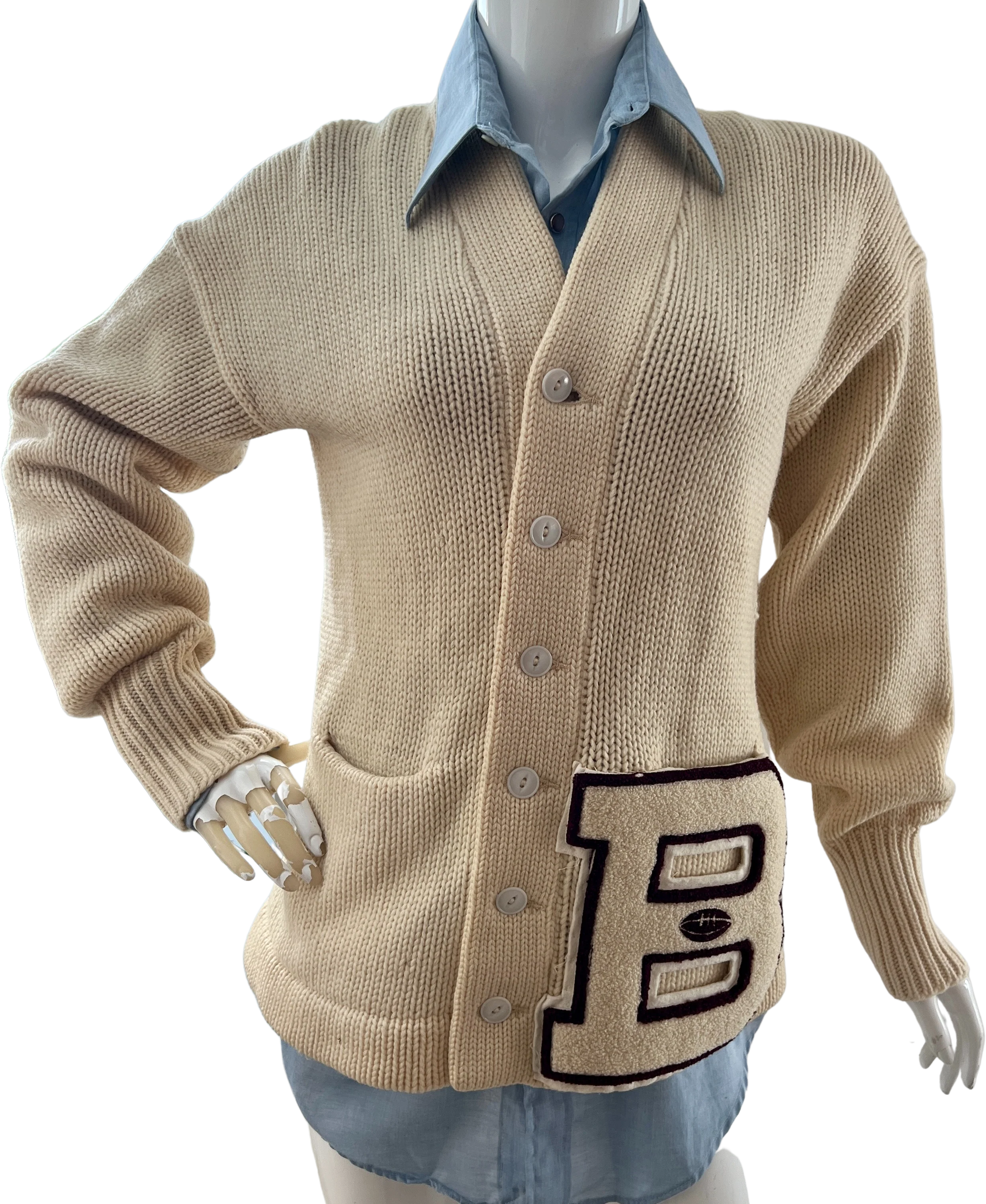 Varsity Letter “B” Cream Knit Cardigan by Society Sportswear