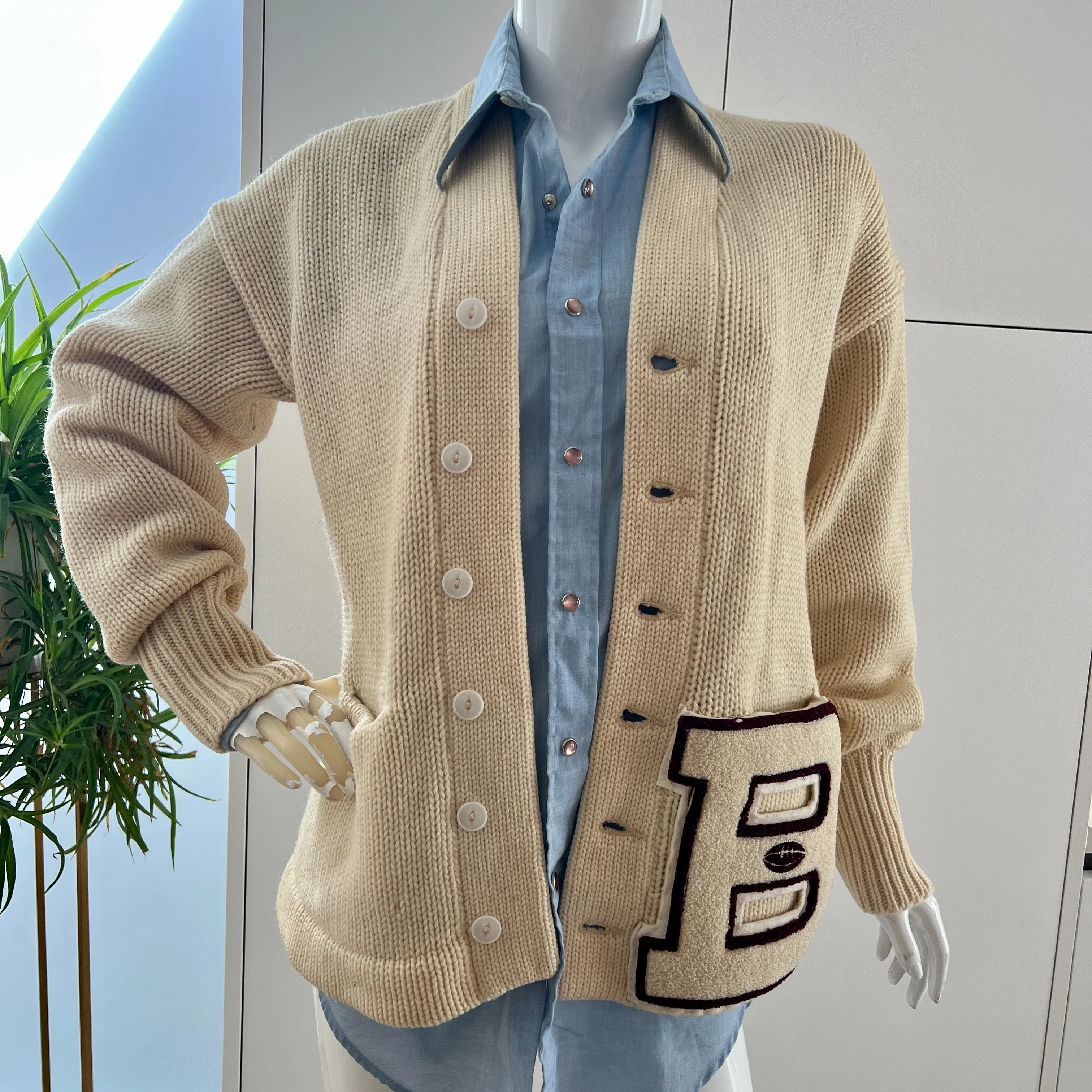 Varsity Letter “B” Cream Knit Cardigan by Society Sportswear - Image 4