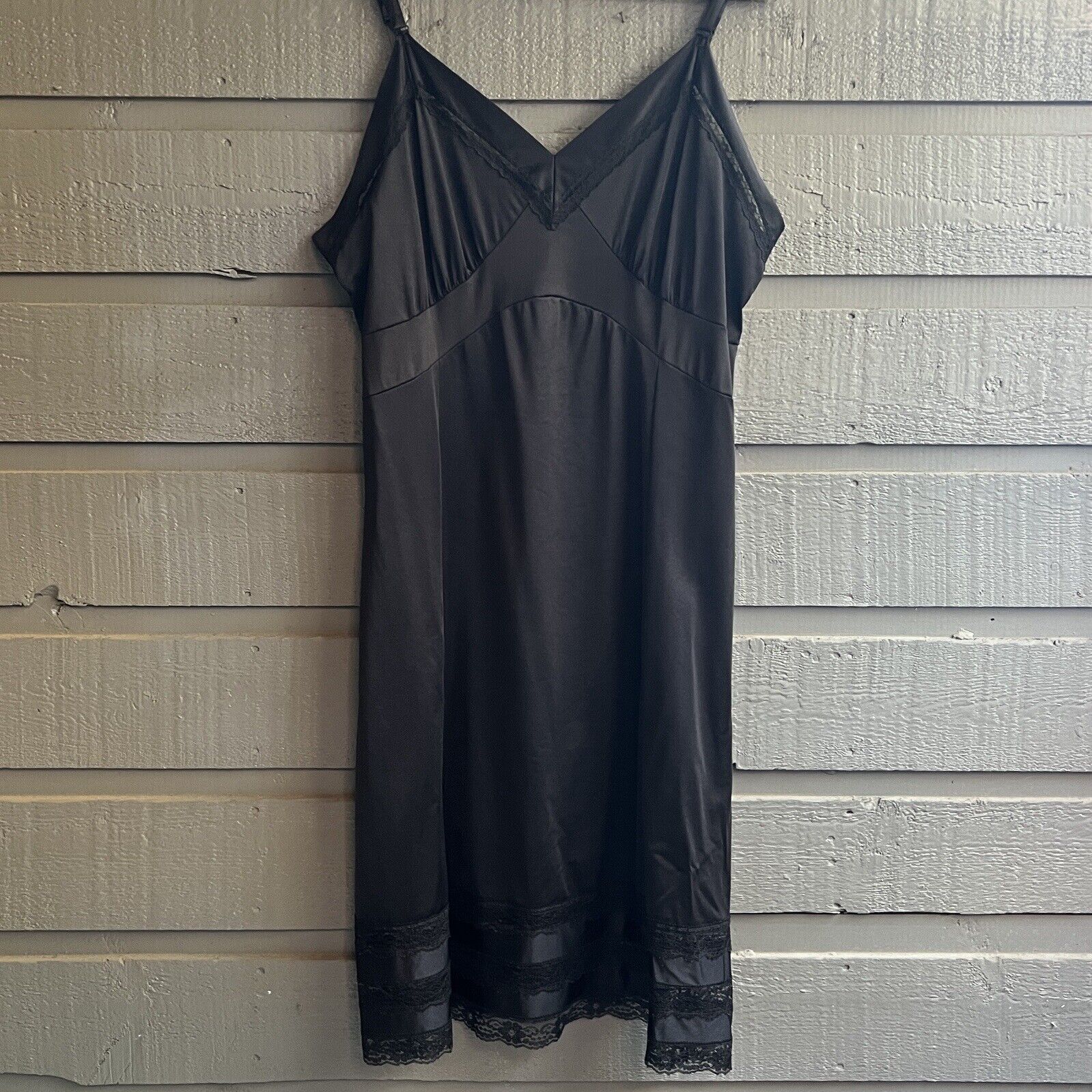 Black Satin Lace Full Chemise Slip Plus Size 42 By Velrose - Image 3