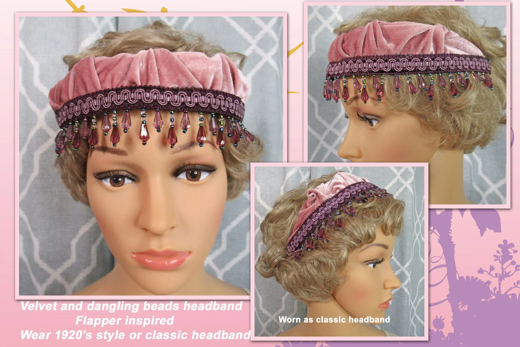 Velvet and Dangling Beads Headband Flapper Style Pastel Pink Fabric Dangling Purple Blue Pink Beads 20s Style Or Classic Headband - Image 2