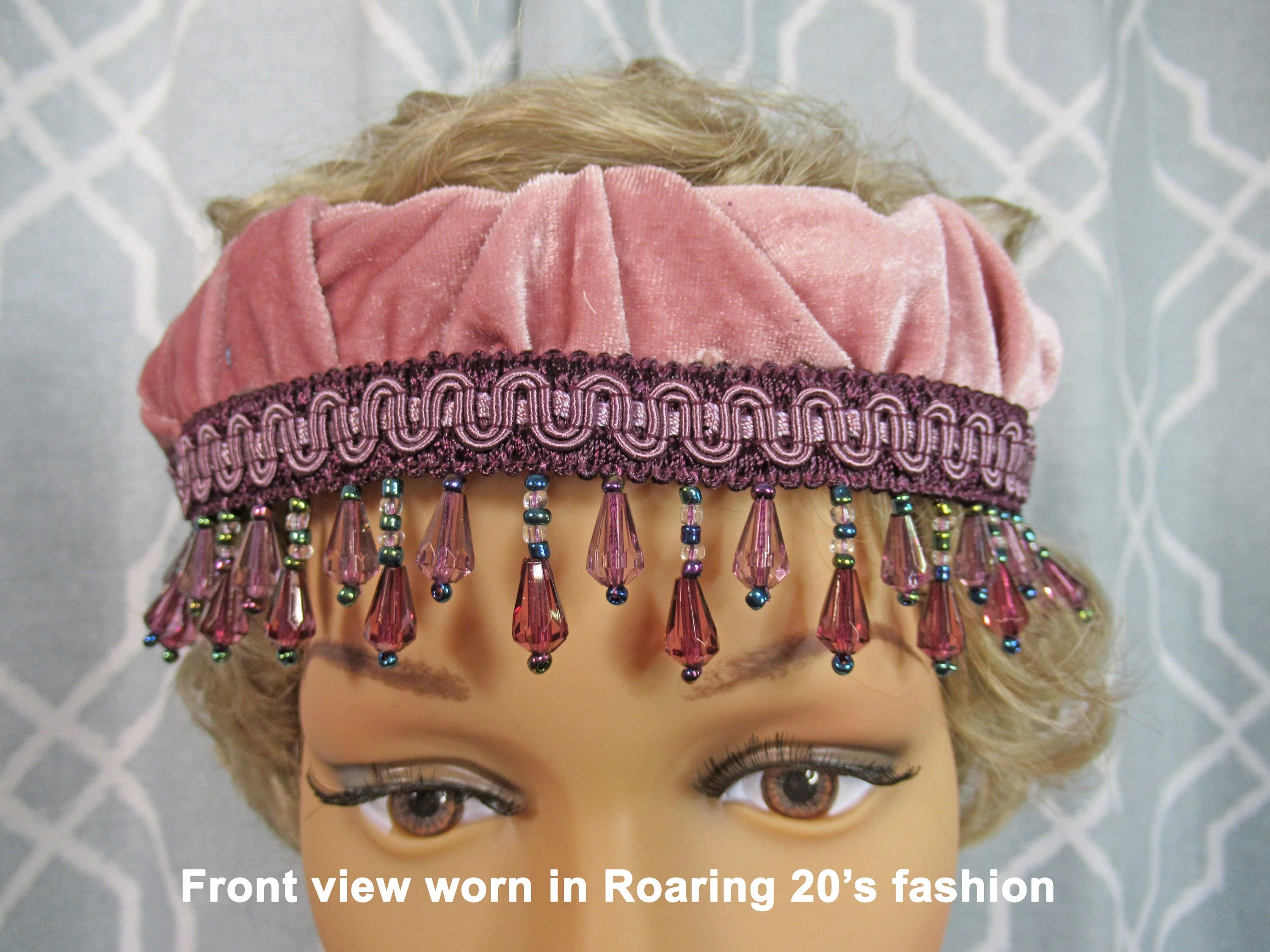 Velvet and Dangling Beads Headband Flapper Style Pastel Pink Fabric Dangling Purple Blue Pink Beads 20s Style Or Classic Headband - Image 9